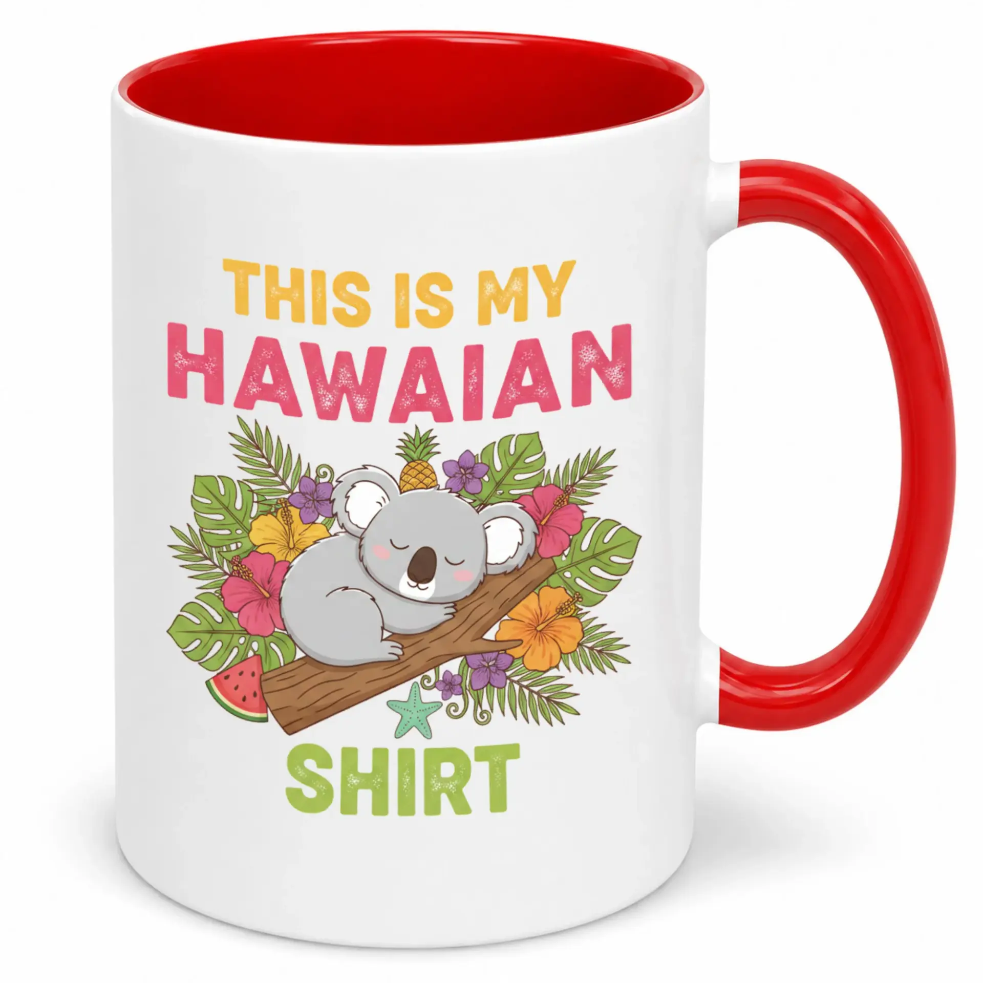 Funny Koala Hawaiian Shirt Ceramic Coffee Mug with Tropical Flowers and Cute Sleeping Animal Design, White and Red 11 Oz Drinkware Gift