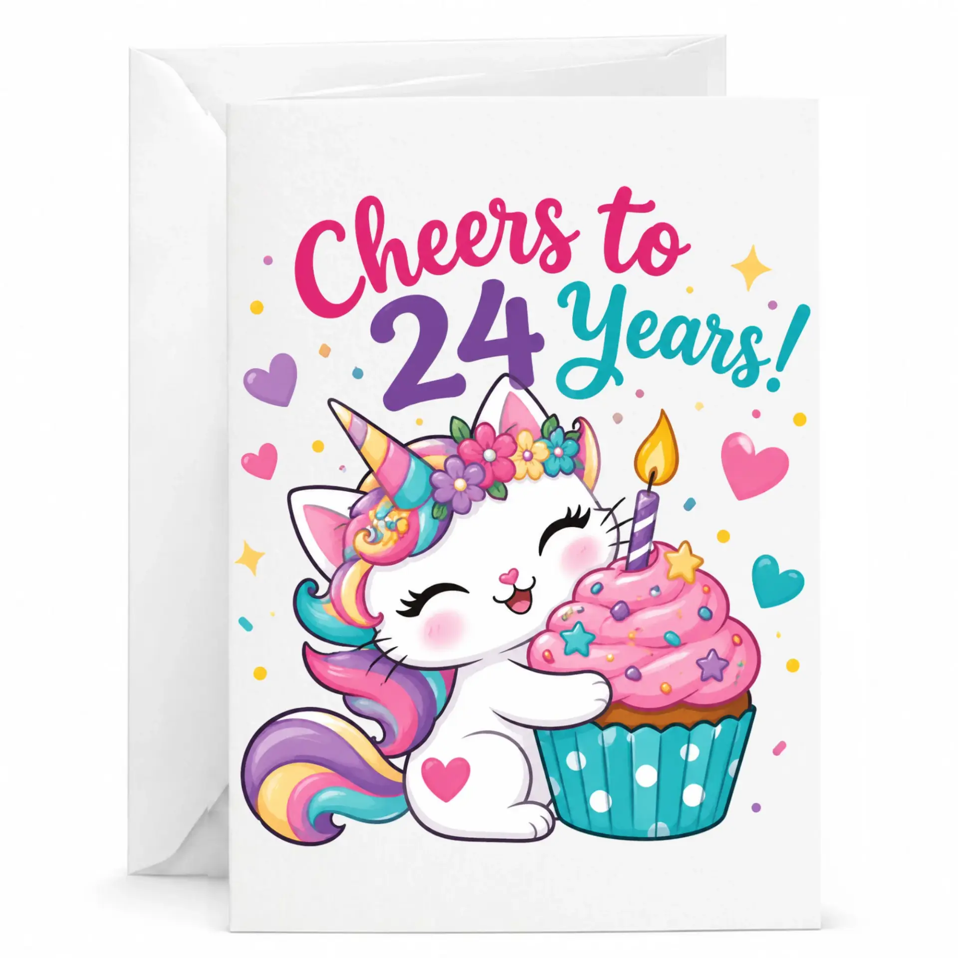 Birthday Card Cheers to 24 Years Featuring Cute Unicorn Cat with Cupcake Illustration for Twenty Fourth Birthday