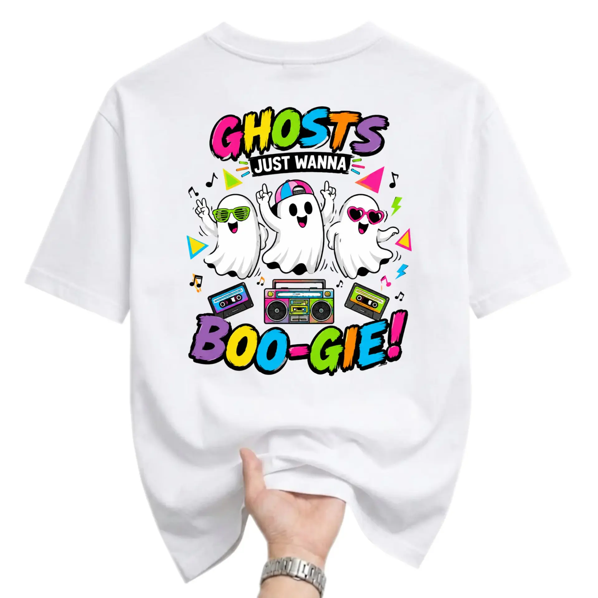 Funny Shirt Ghosts Just Wanna Boo-Gie Graphic Tee Retro 90s Style Music Dancing Spooky Casual Unisex Crew Neck T-Shirt