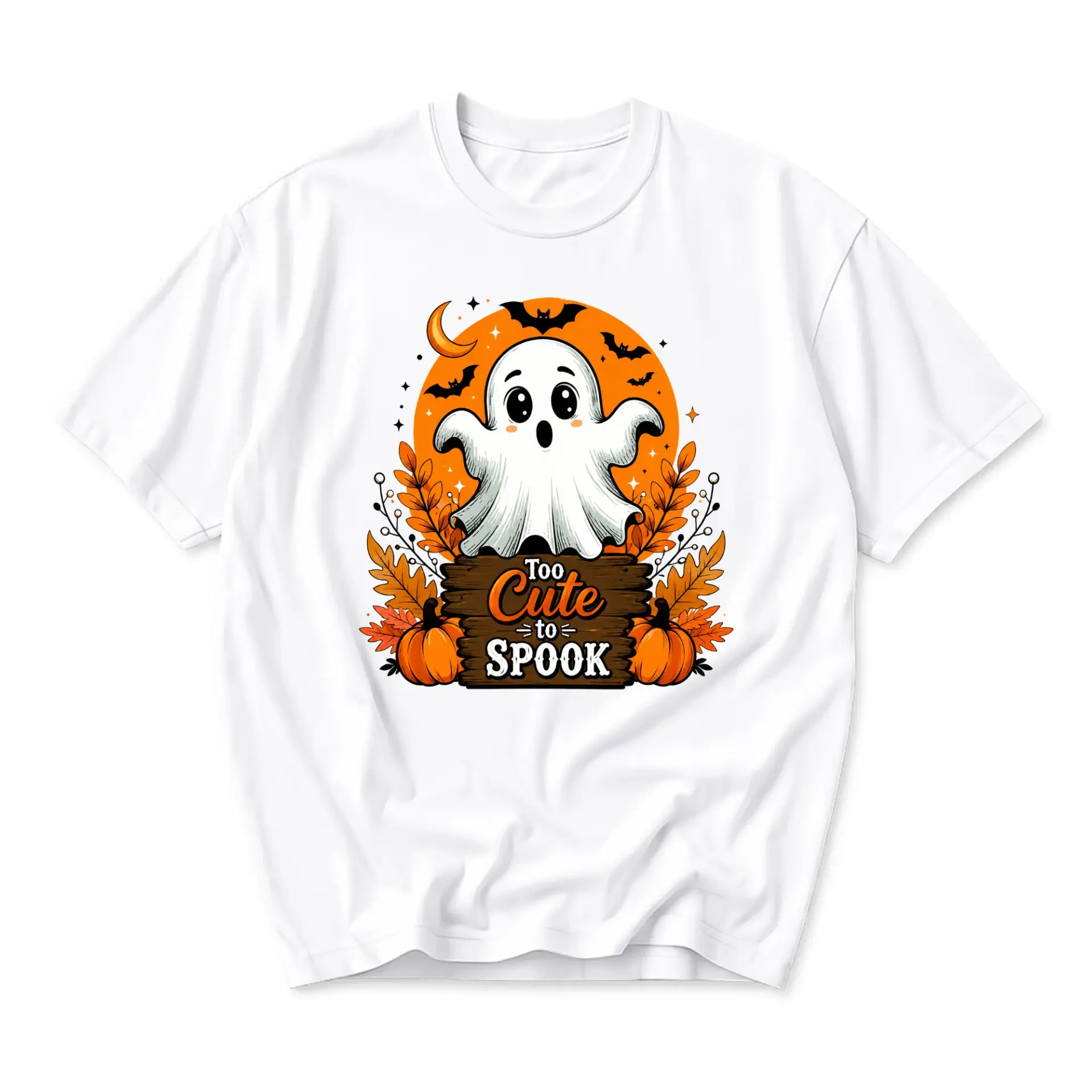 Graphic Tee Too Cute to Spook Ghost Pumpkin Design Unisex Crew Neck Soft Cotton Blend Everyday Casual Short Sleeve Shirt