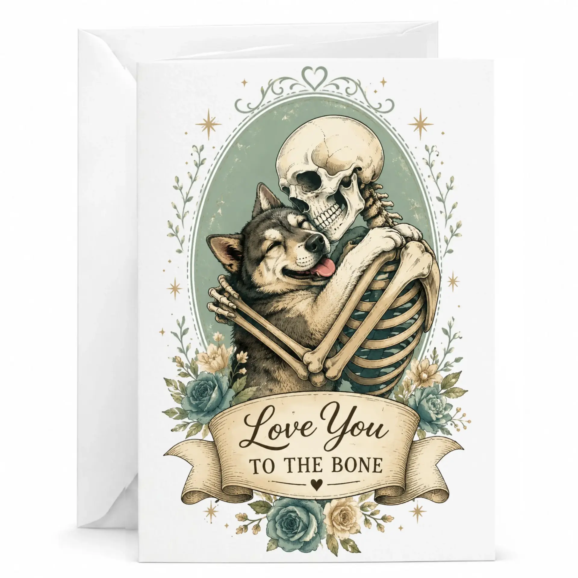 Funny Greeting Card Love You to the Featuring Skeleton and Happy Dog