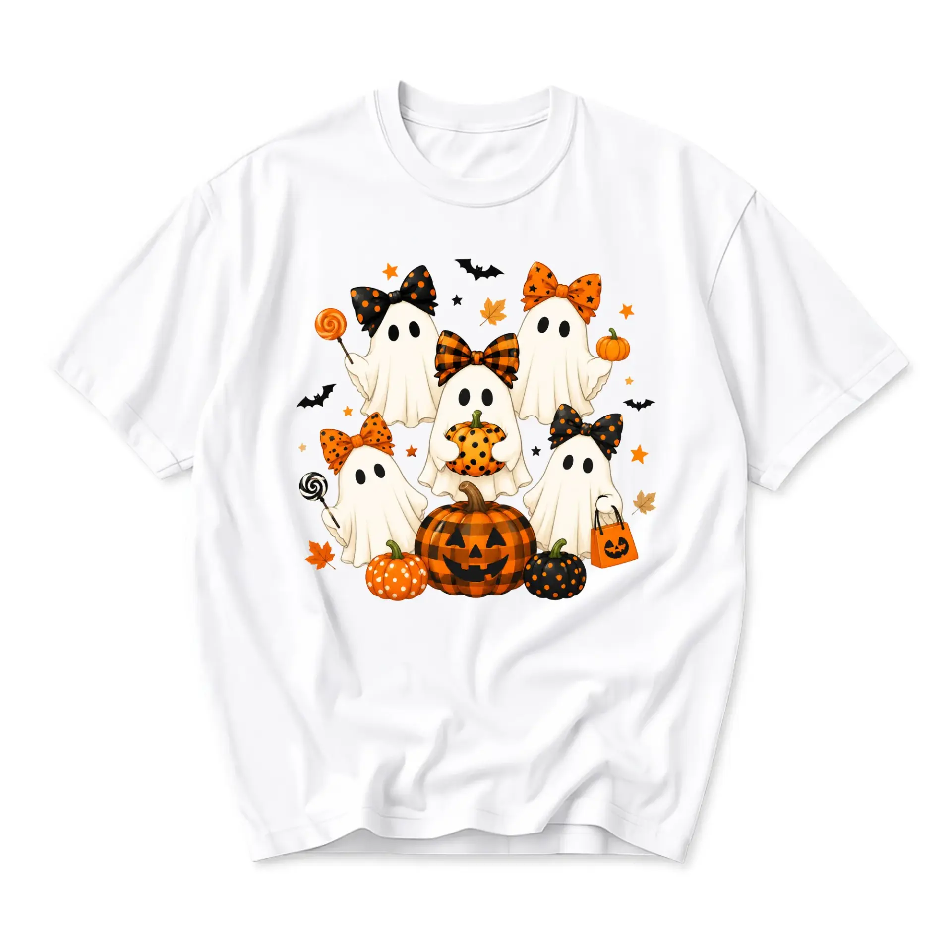 Graphic Tee Cute Halloween Ghost Print T-Shirt Featuring Spooky Pumpkins and Festive Bows for Fall Seasonal Casual Wear