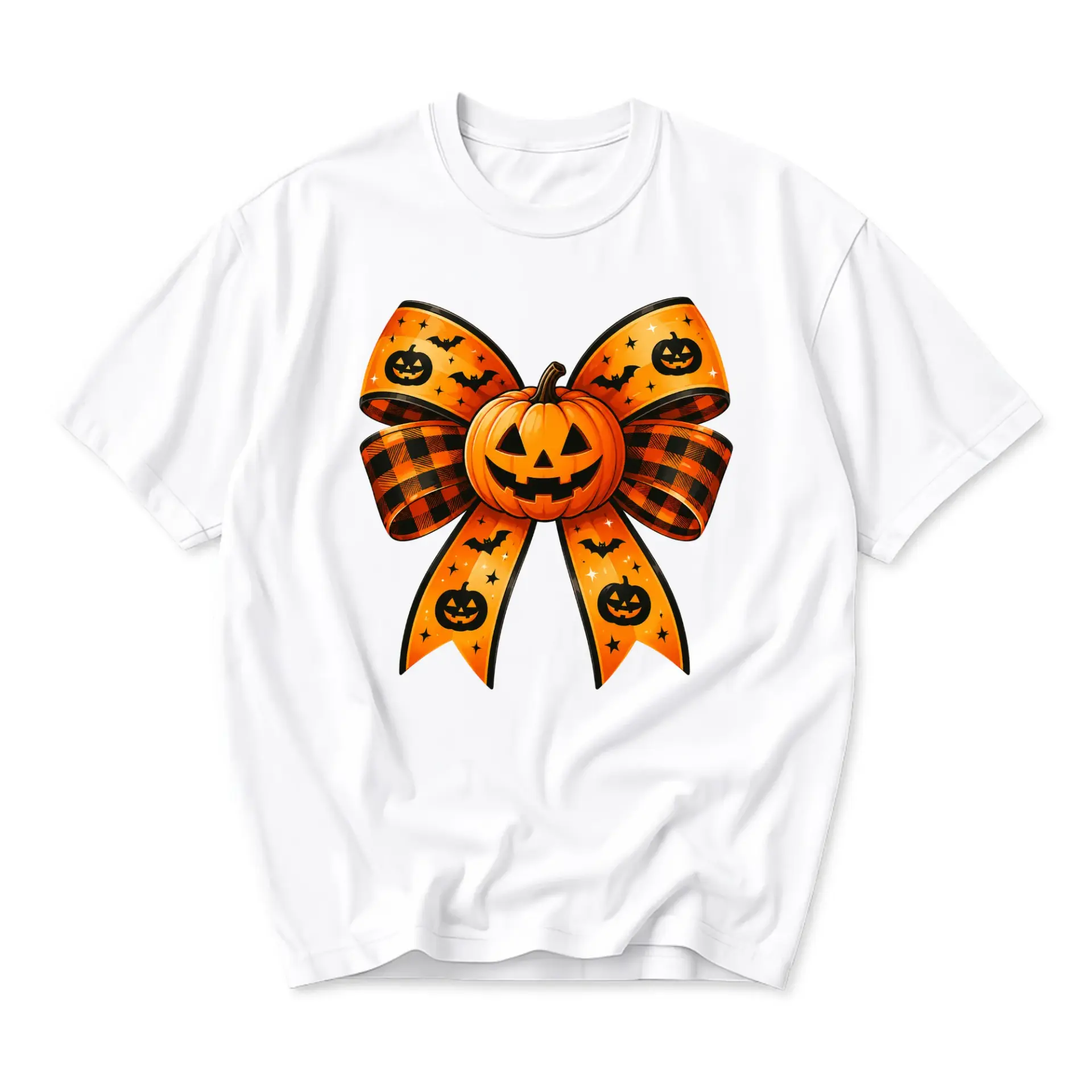 Graphic Tee Halloween Pumpkin Bow Shirt Seasonal Festive Pumpkin and Plaid Ribbon Print Casual Unisex Apparel Top