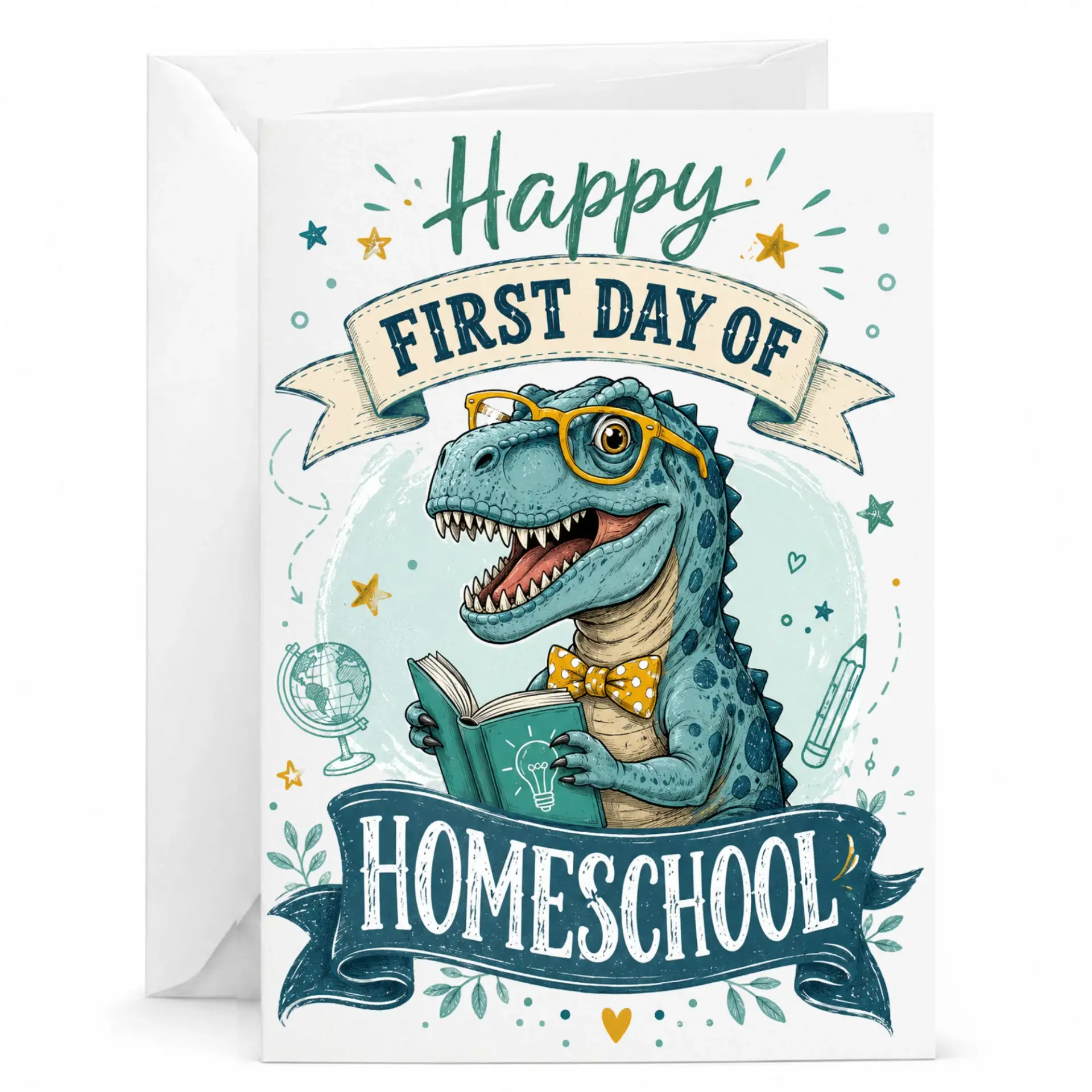 Greeting Card Happy First Day of Homeschool Featuring Cute Dinosaur with Glasses and Book Illustration