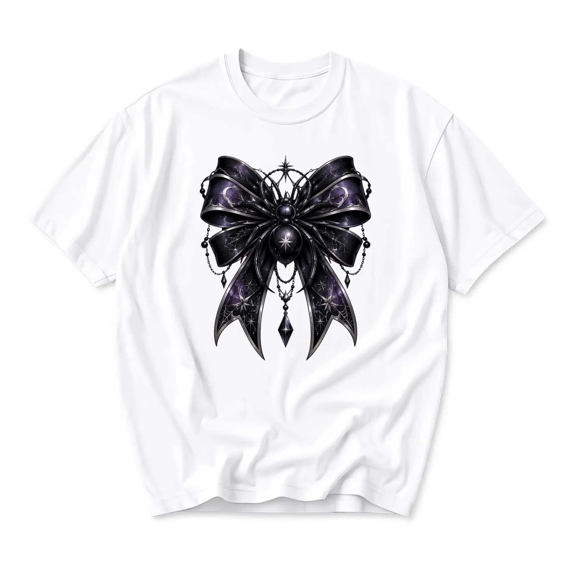 Graphic Tee Unisex Crew Neck T-Shirt Featuring Dark Gothic Style Spider Ribbon Bow Illustration Print White