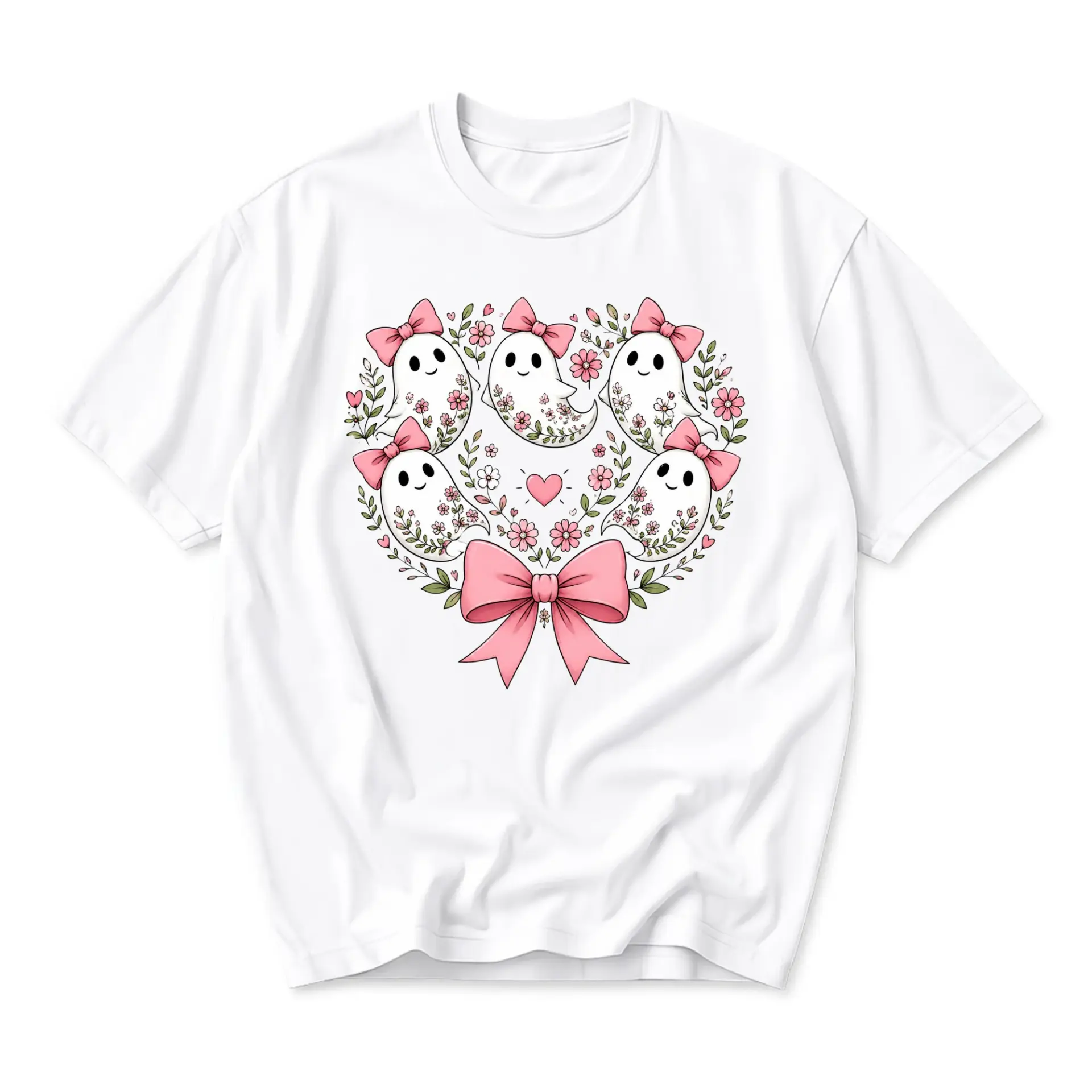 Graphic Tee Floral Ghost Heart Design Unisex Casual Short Sleeve Crew Neck Cotton Blend Soft Breathable Comfort Top