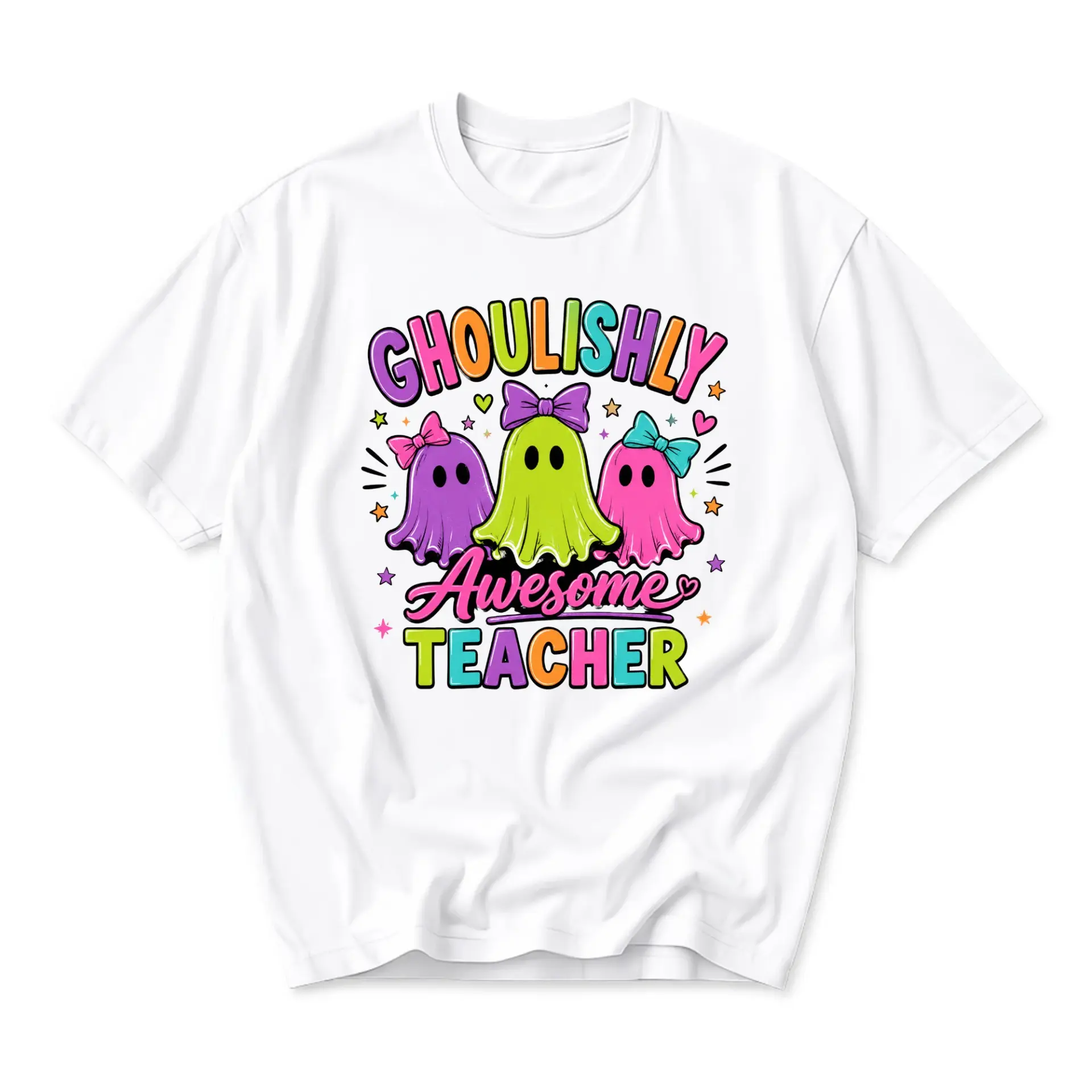 Funny Shirt Ghoulishly Awesome Teacher Graphic Tee Unisex Crew Neck Casual Cotton Blend Apparel for Everyday Outfit Wear