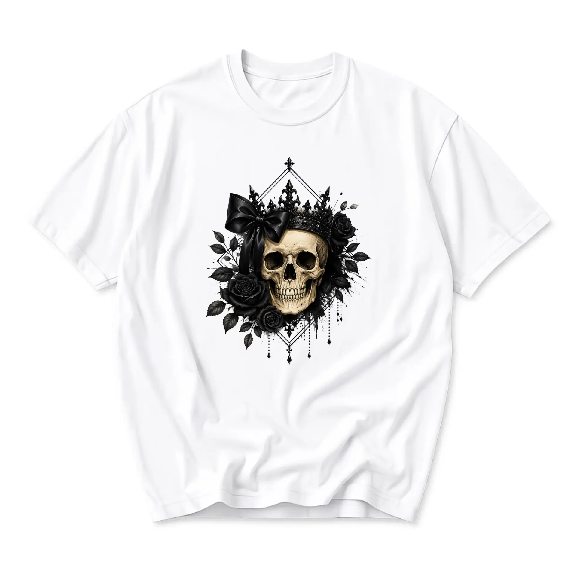 Graphic Tee Unisex Skull with Black Roses and Crown Design Artistic Casual Short Sleeve Crew Neck Cotton Blend Shirt
