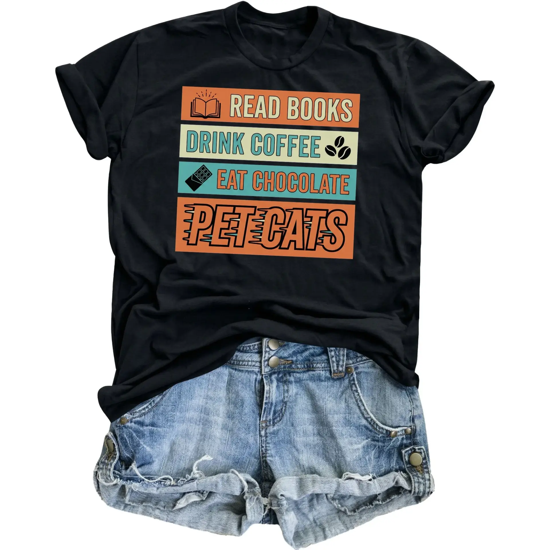Graphic Tee Read Books Drink Coffee Eat Chocolate Pet Cats Casual Unisex Crew Neck Short Sleeve Cotton Shirt