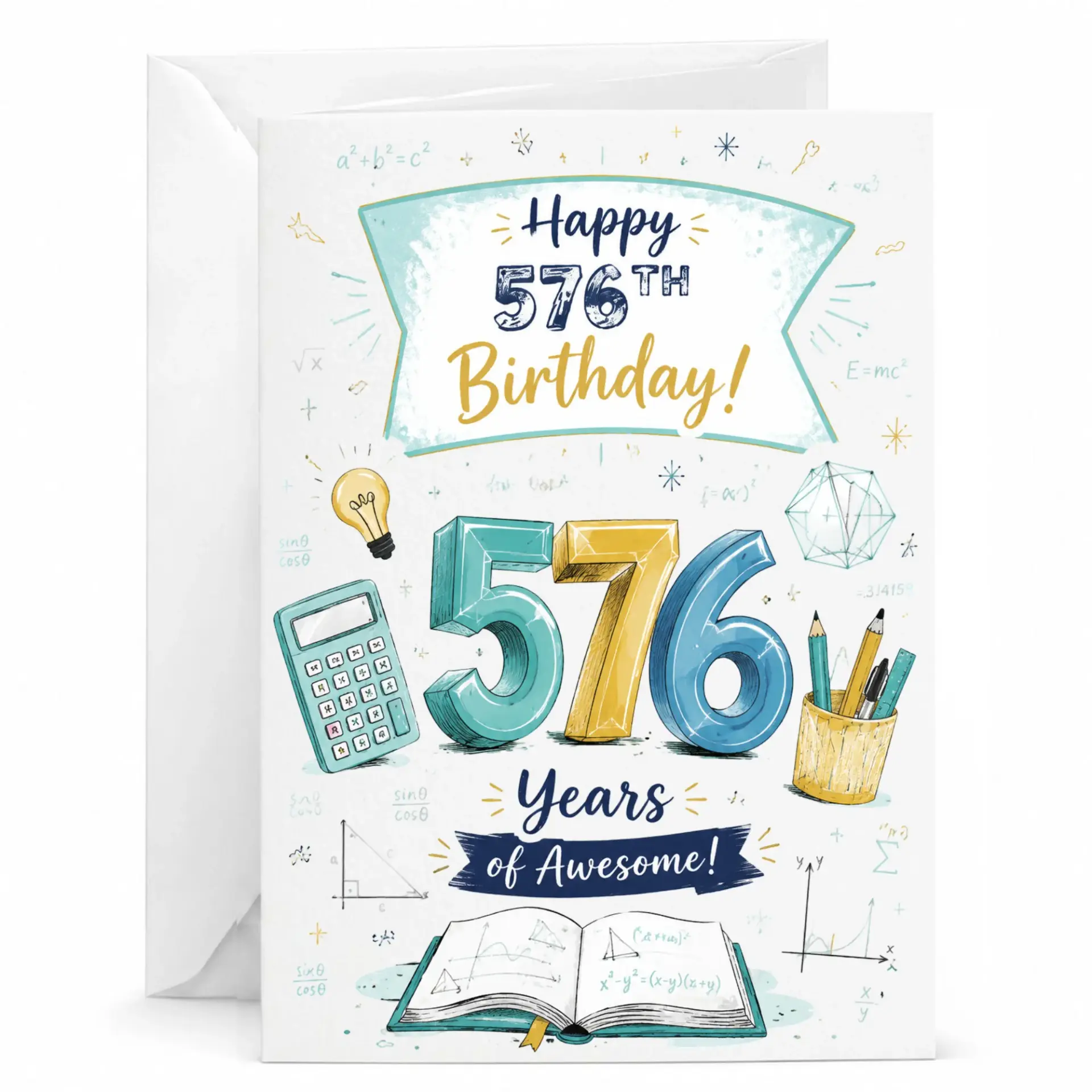 Funny Birthday Card for Math and Science Lovers, 576th Birthday Milestone Greeting Card, Unique Nerdy Theme Design