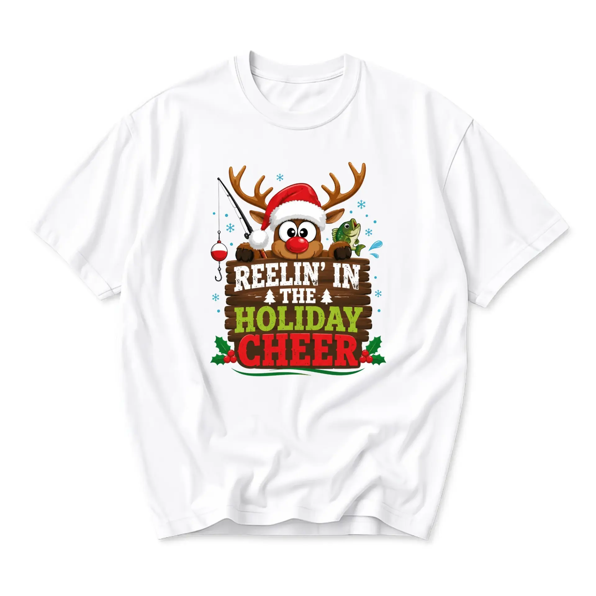 Graphic Tee Reelin in the Holiday Cheer Funny Christmas Fishing Unisex Crew Neck Short Sleeve Shirt for Casual Wear