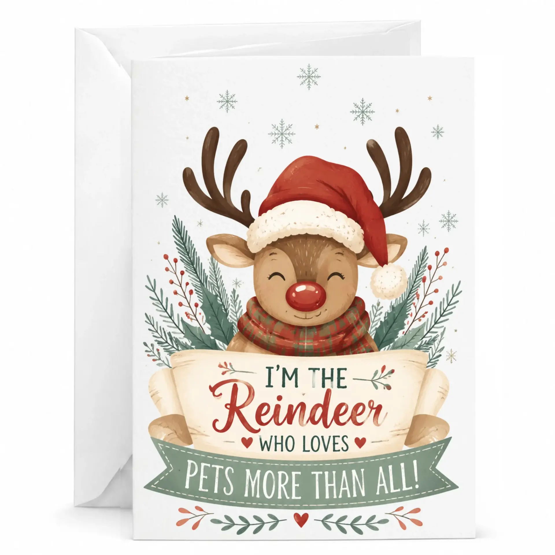 Greeting Card with Cute Reindeer Design, Holiday Greeting Card for Pet Lovers, Festive Animal Holiday Card
