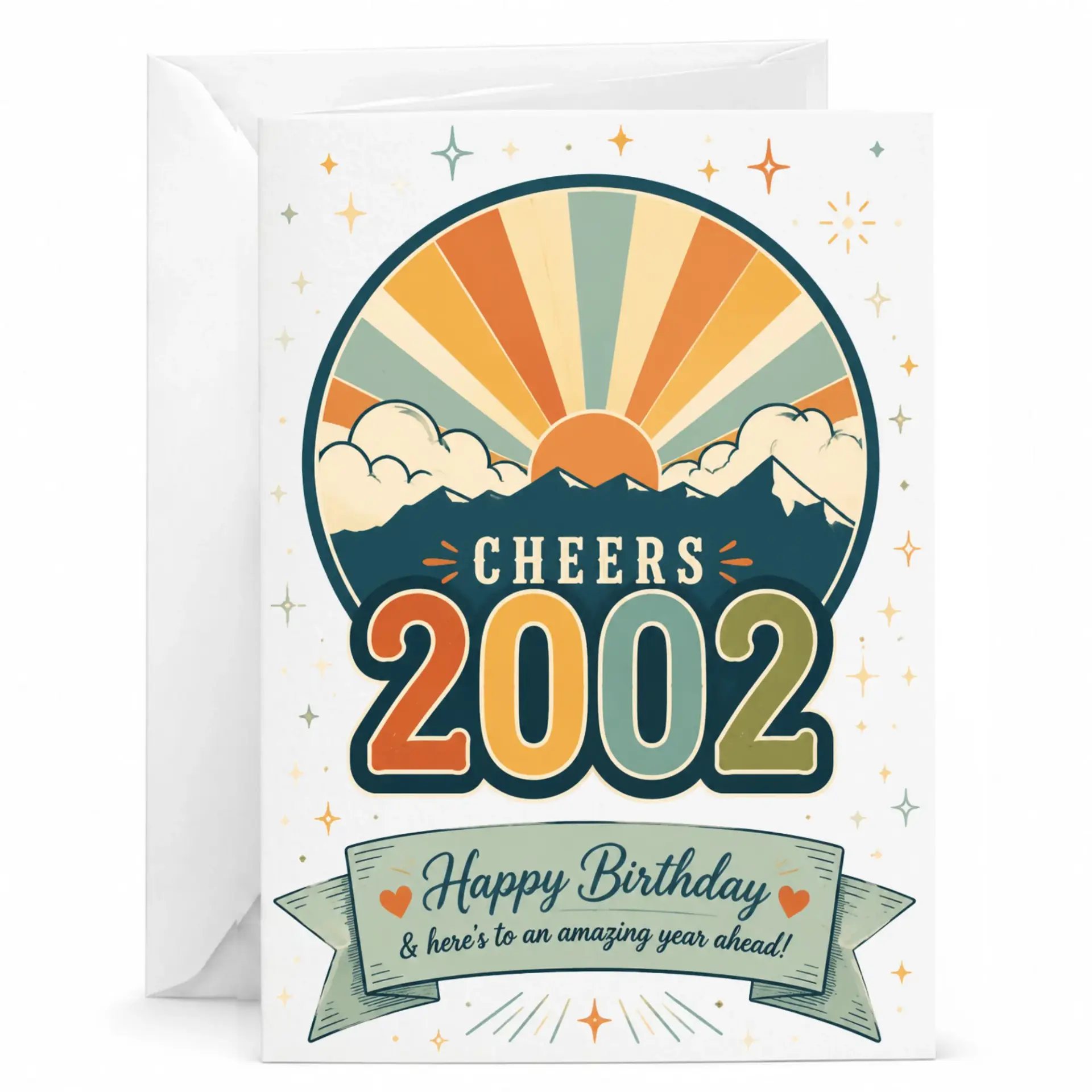 Birthday Card Vintage Style 2002 Retro Mountain Sun Design Printed Greeting Card for Milestone Celebration