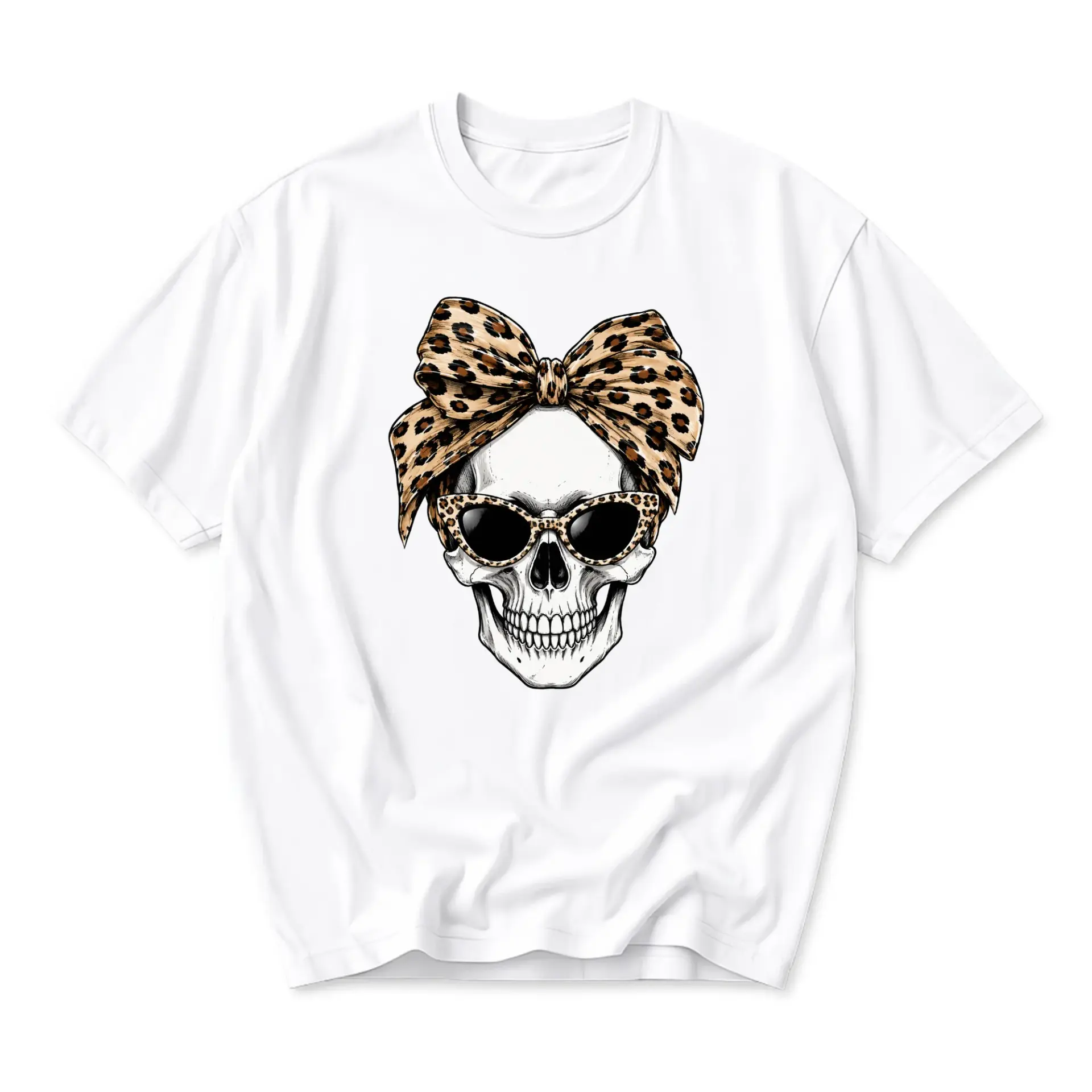Graphic Tee Unisex Crew Neck T-Shirt with Leopard Print Bow and Sunglasses Skull Illustration for Casual Everyday Style