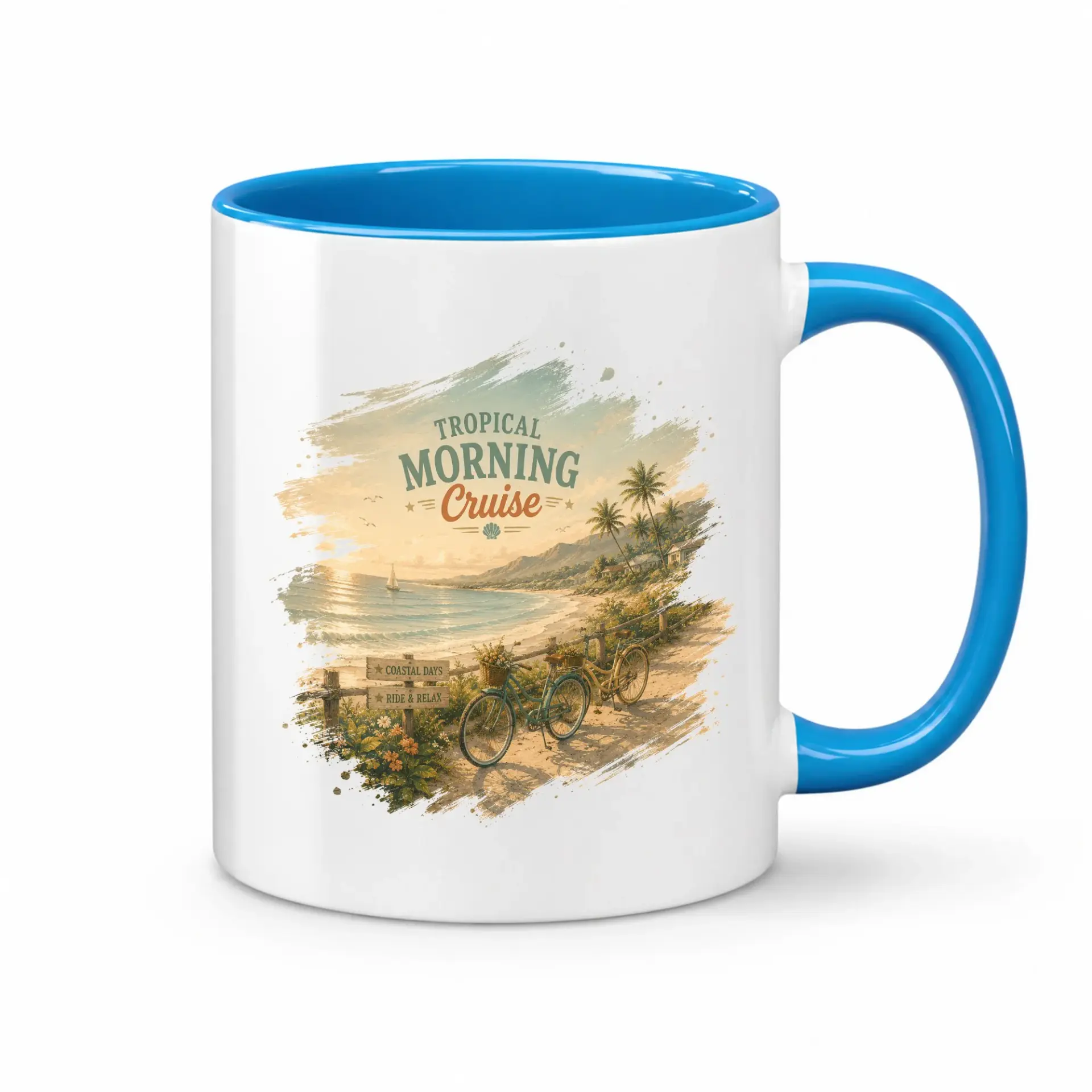 Tropical Morning Cruise Ceramic Coffee Mug with Blue Handle and Rim Beach Bicycle Design Decorative Drinkware