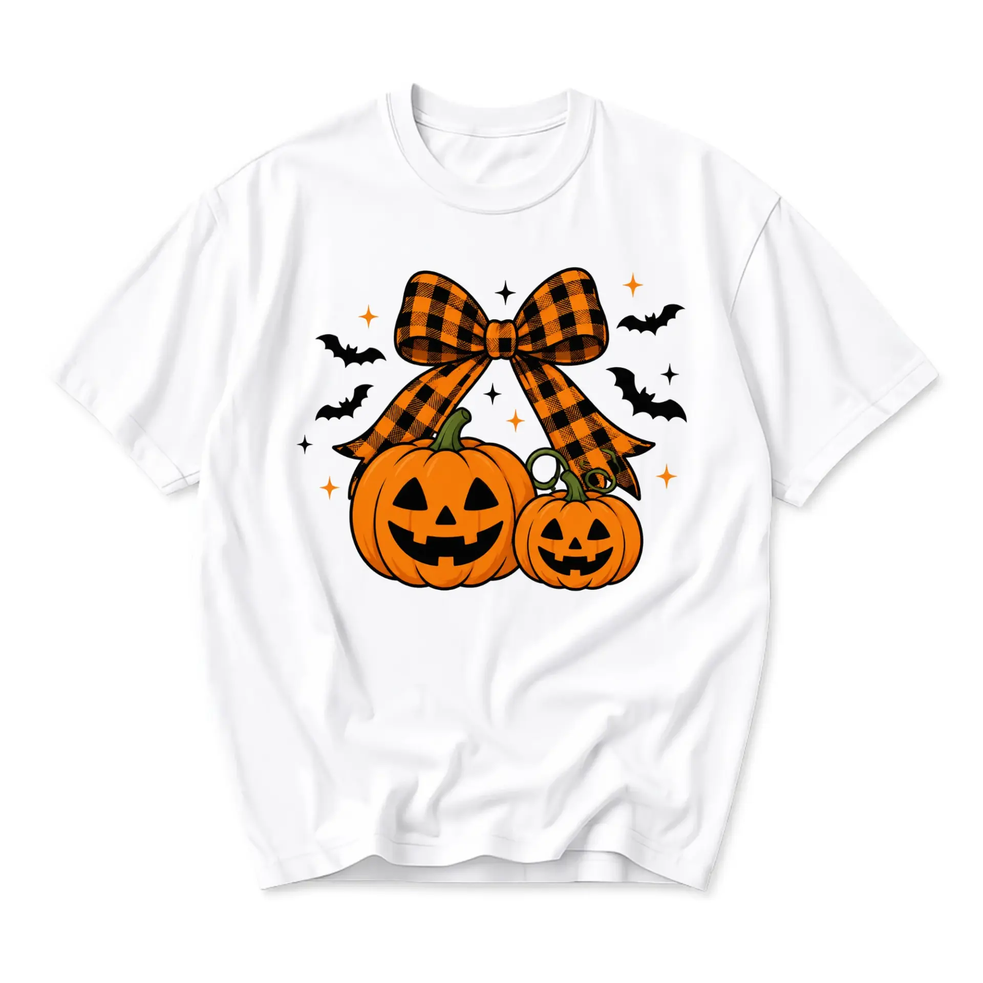 Graphic Tee Pumpkin and Plaid Bow Illustration Seasonal Holiday Unisex Crew Neck Casual Everyday Comfort Cotton Shirt