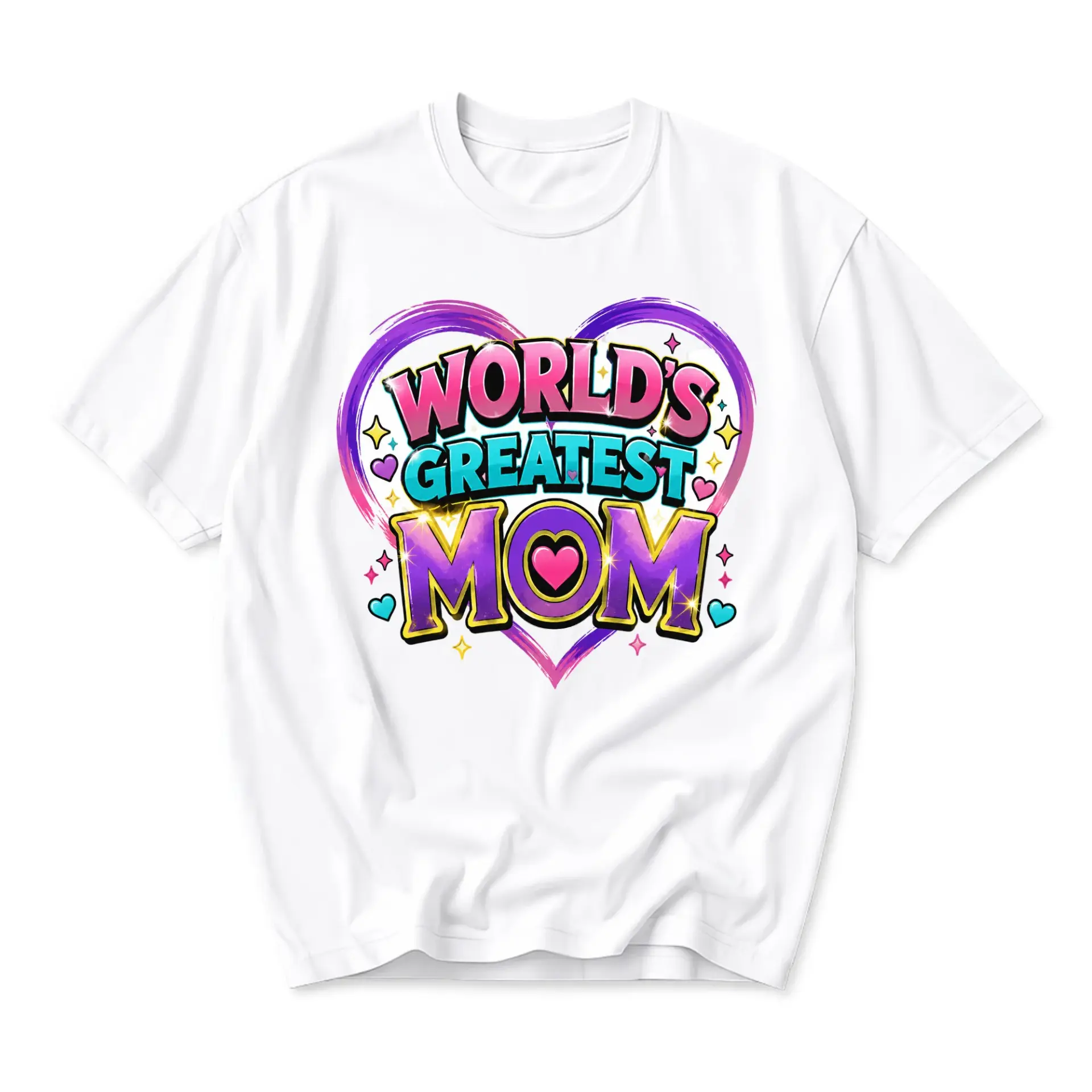 T-shirt World's Greatest Mom Graphic Tee Trendy Colorful Heart Design Casual Unisex Crew Neck Top White Cotton Blend