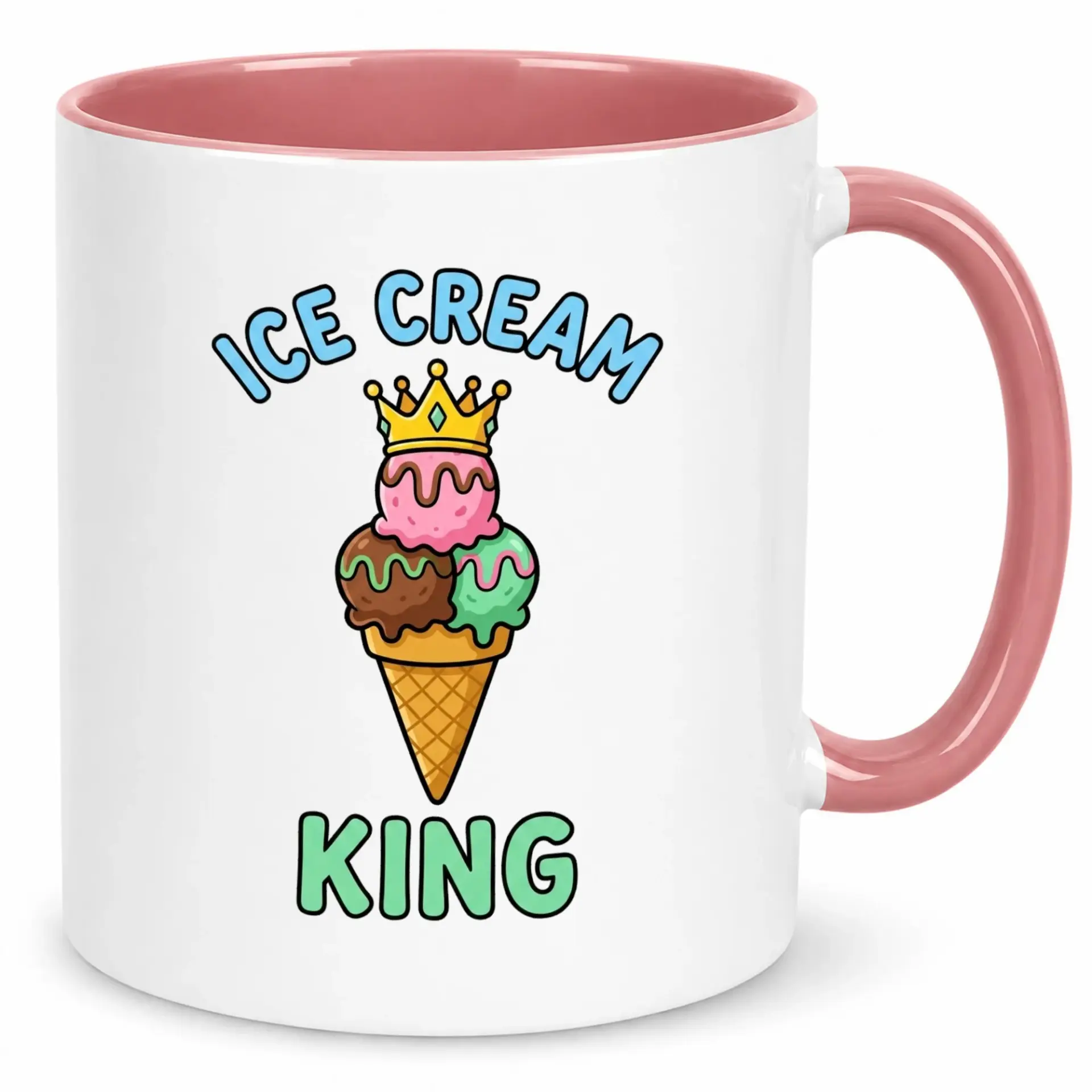 Funny Ice Cream King Ceramic Coffee Mug with Crowned Dessert Design, Unique Pink Handle & Interior Beverage Cup for Hot Drinks