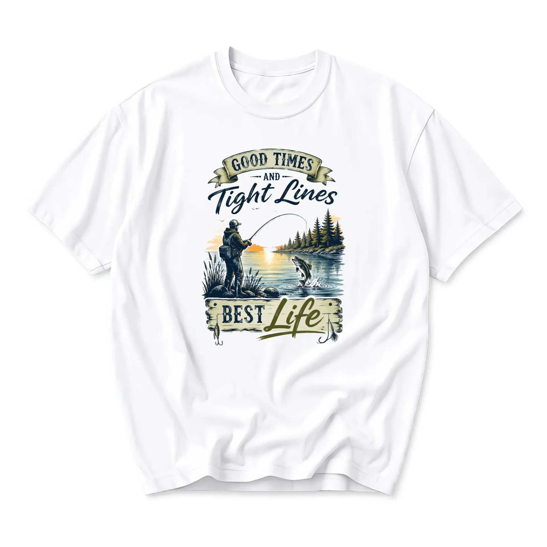 Graphic Tee Good Times and Fishing Shirt for Outdoors Enthusiasts Casual Unisex Short Sleeve Crew Neck Top