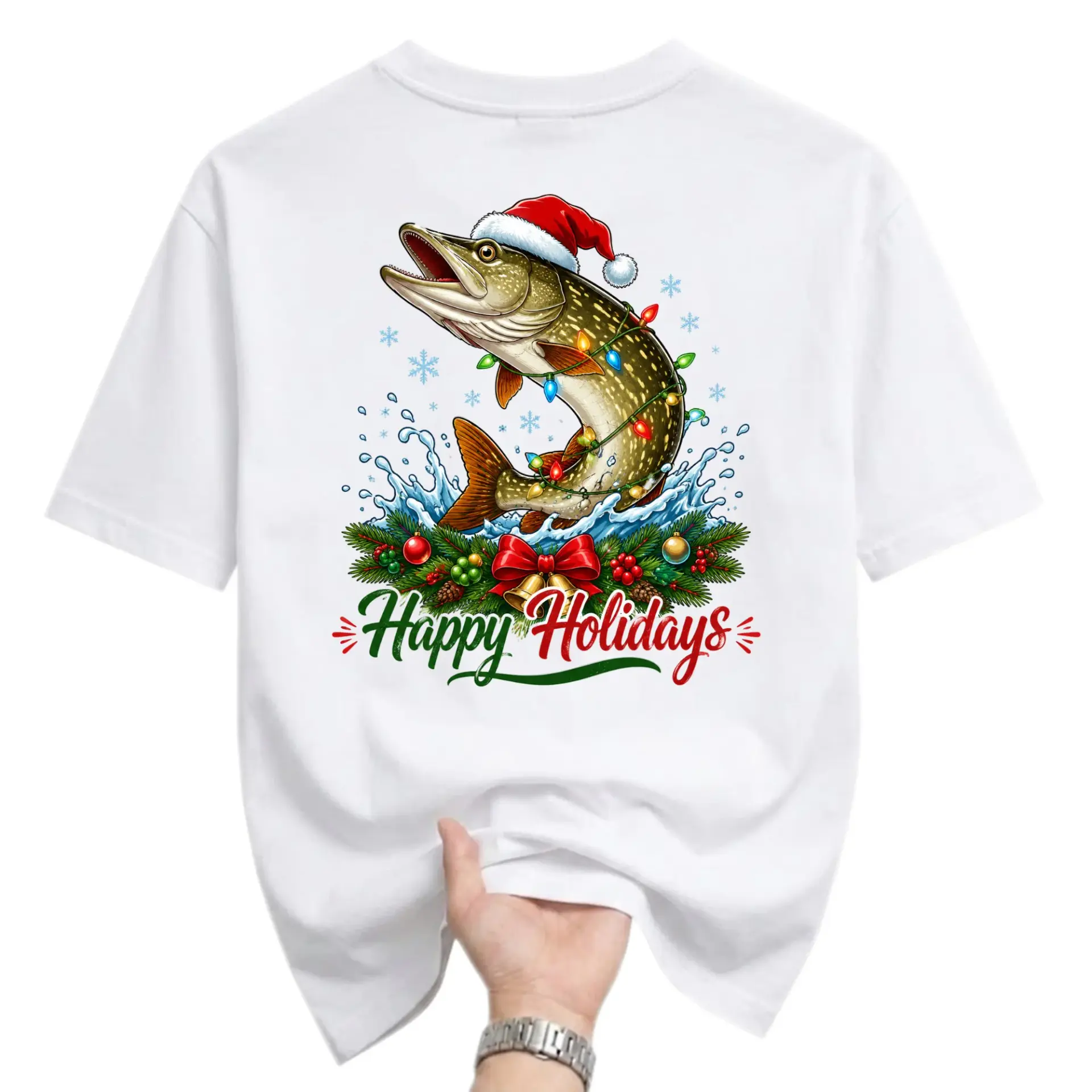 Graphic Tee Happy Holidays Fishing Theme Shirt Seasonal Sport Apparel