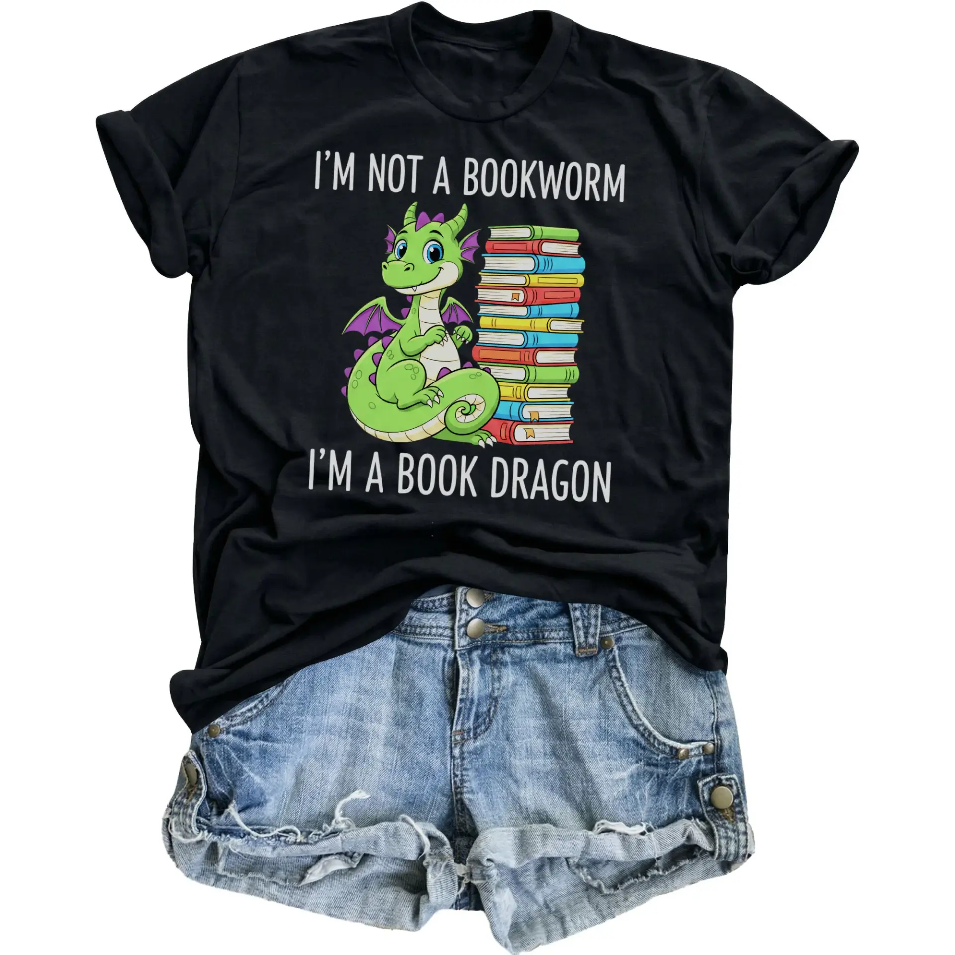 Funny Graphic Tee Book Dragon Unisex T-Shirt Reading Lover Humor Casual Cotton Short Sleeve Crew Neck