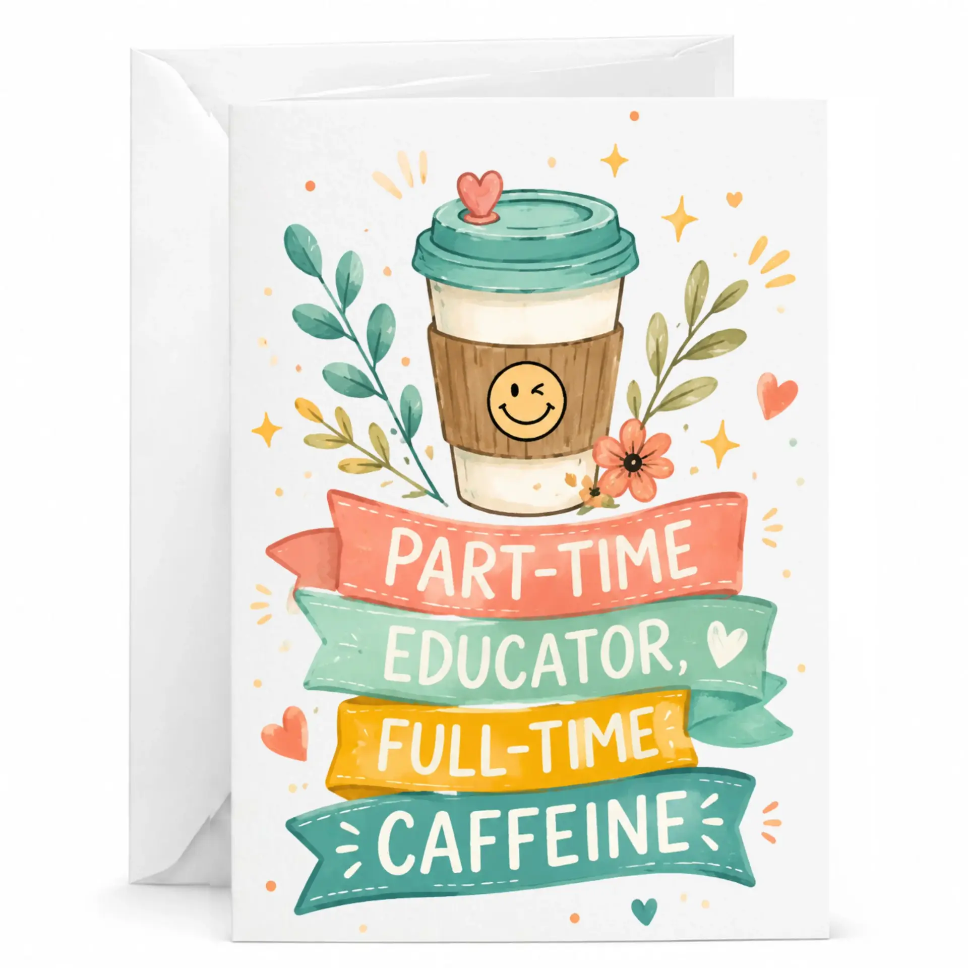 Funny Greeting Card Part Time Full Caffeine Coffee Lover Design Cute Teacher Appreciation Note