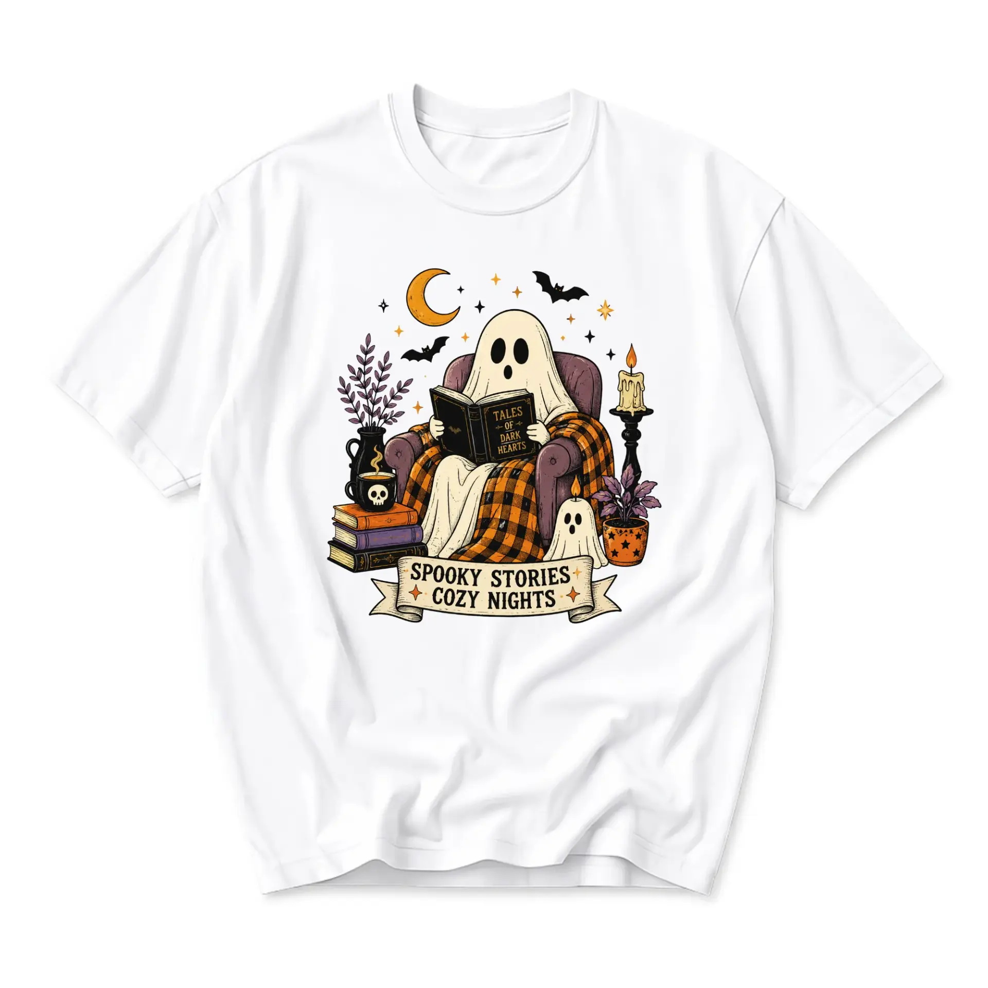 Graphic Tee Spooky Stories Cozy Nights Ghost Reading Shirt Unisex Short Sleeve Casual Apparel Cotton Blend Top