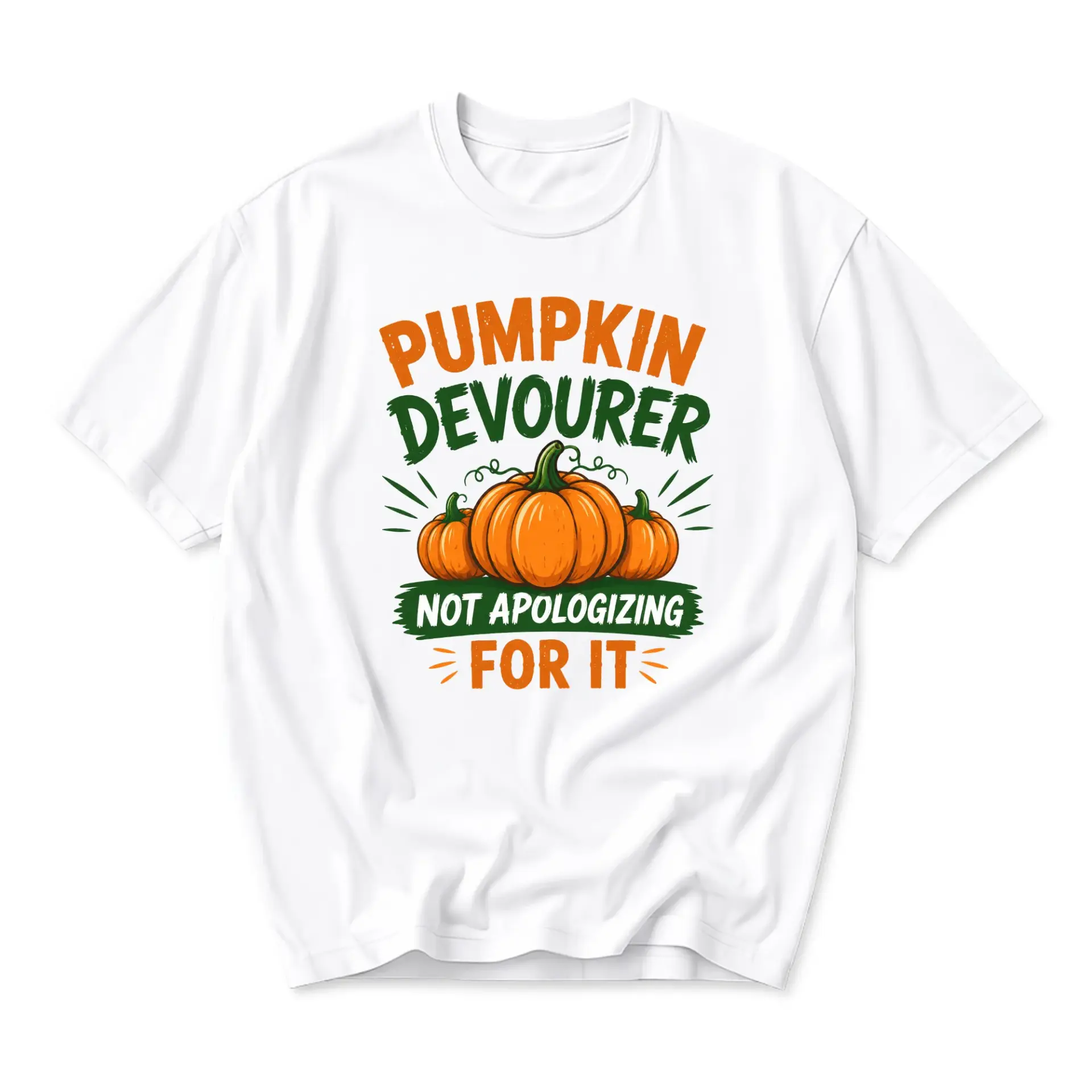 Graphic Tee Pumpkin Devourer Not Apologizing for It Funny Fall Season Unisex Crew Neck Casual Cotton Shirt White