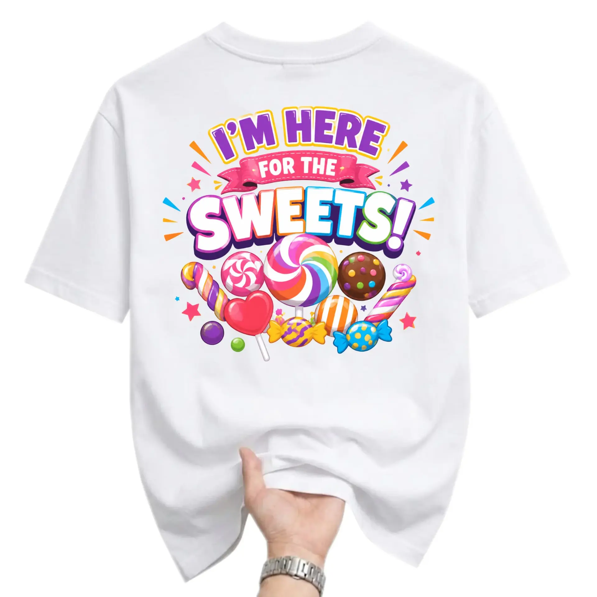 Graphic Tee I'm Here for the Sweets Unisex T-Shirt Colorful Candy Art Print Casual Crew Neck Cotton Blend Shirt