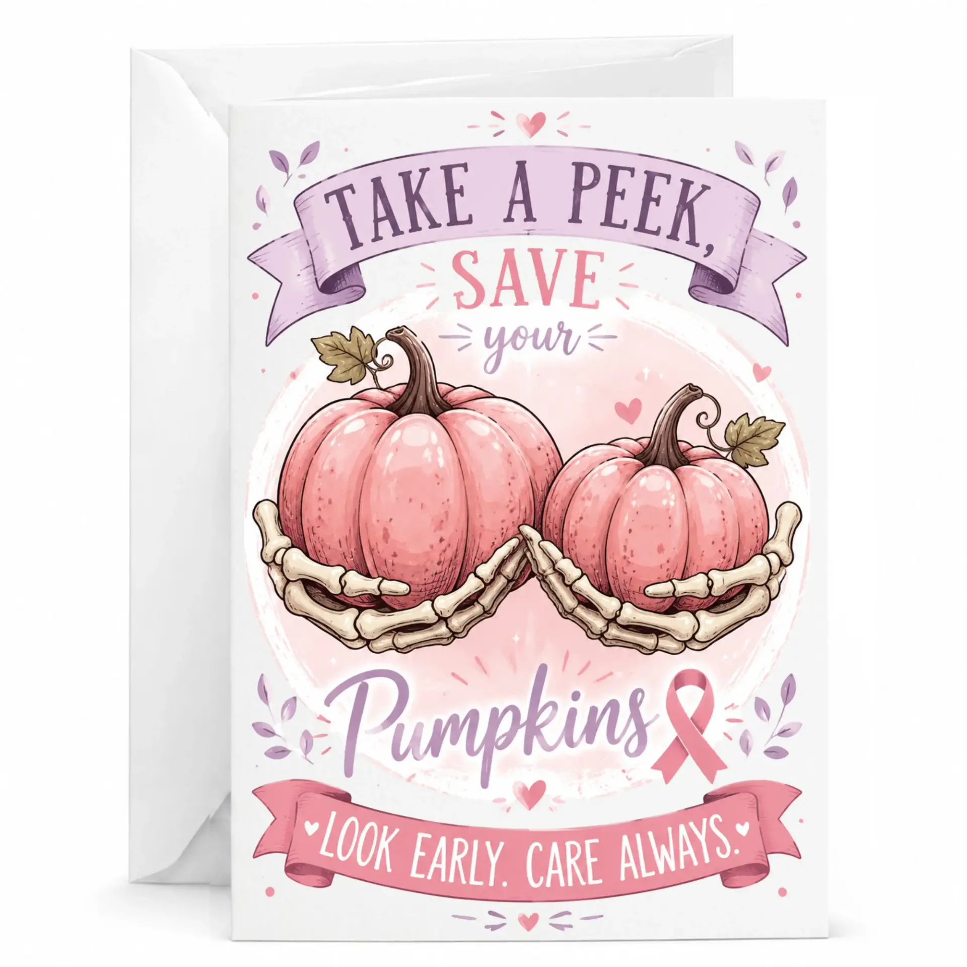 Funny Pink Pumpkin Greeting Card Skeleton Hands Autumn Message Card for Breast Cancer Awareness and Support