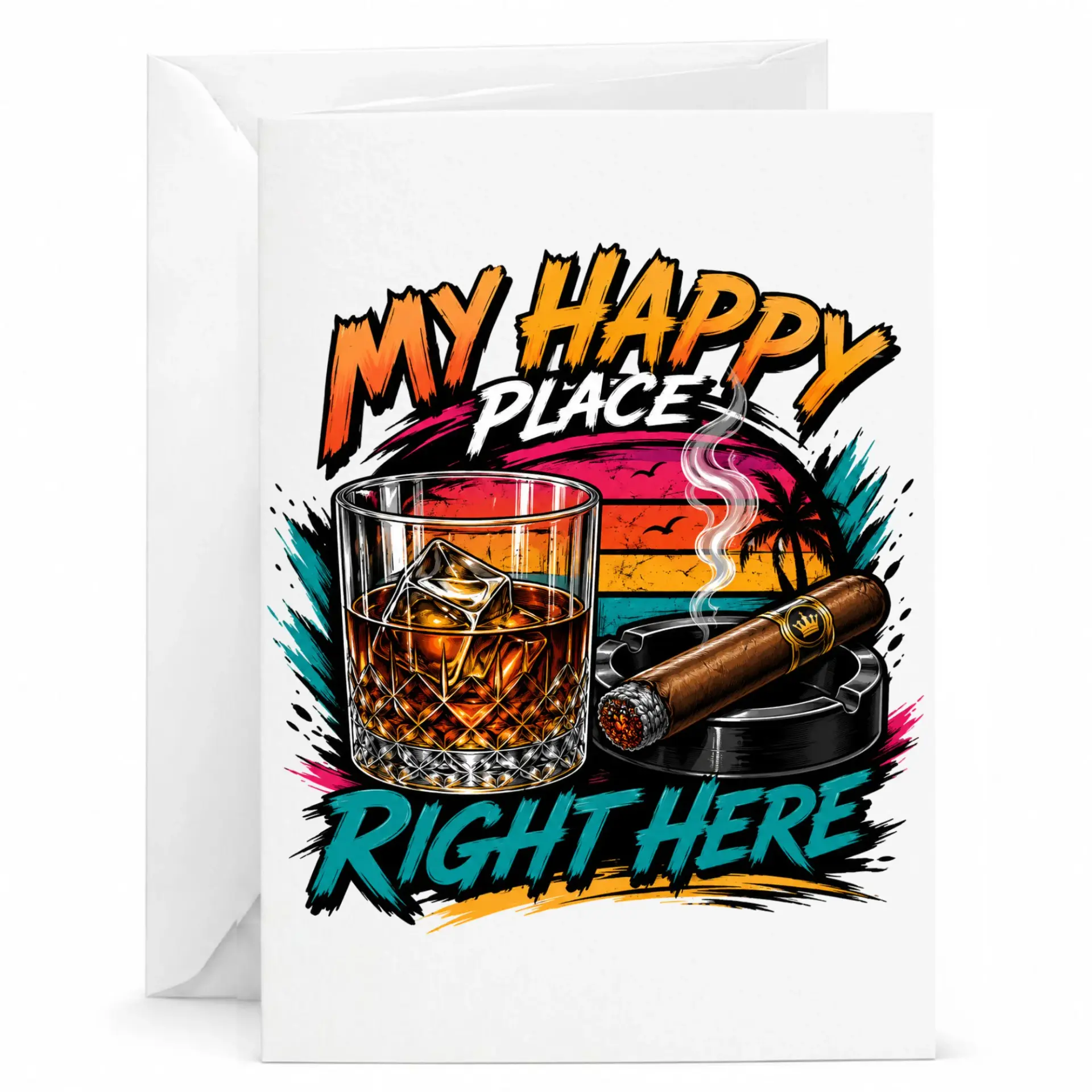 Funny Whiskey Cigar Greeting Card My Happy Place Right Here Illustration for Relaxing Occasions 5x7 Inches Folded