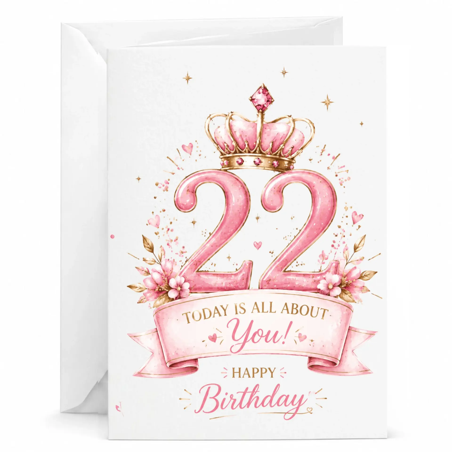 Birthday Card 22nd Birthday Gift Elegant Pink Crown Floral Design for Twenty Second Milestone Celebration Greeting