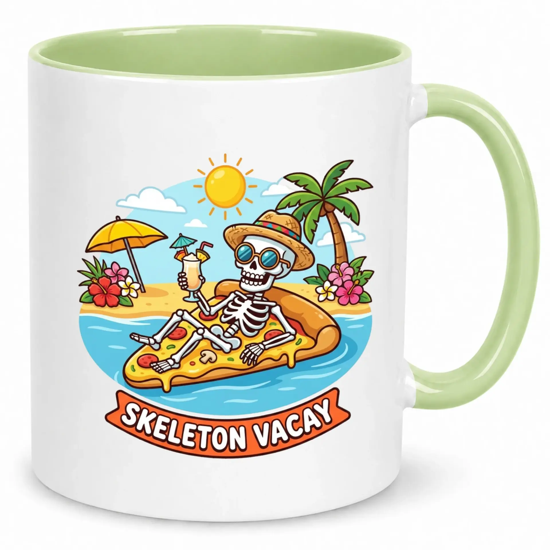 Funny Skeleton Vacay Ceramic Coffee Mug with Beach & Pizza Inflatable Design, Novelty Summer Drinkware for Home or Office Gift (11 Oz or 15 Oz)