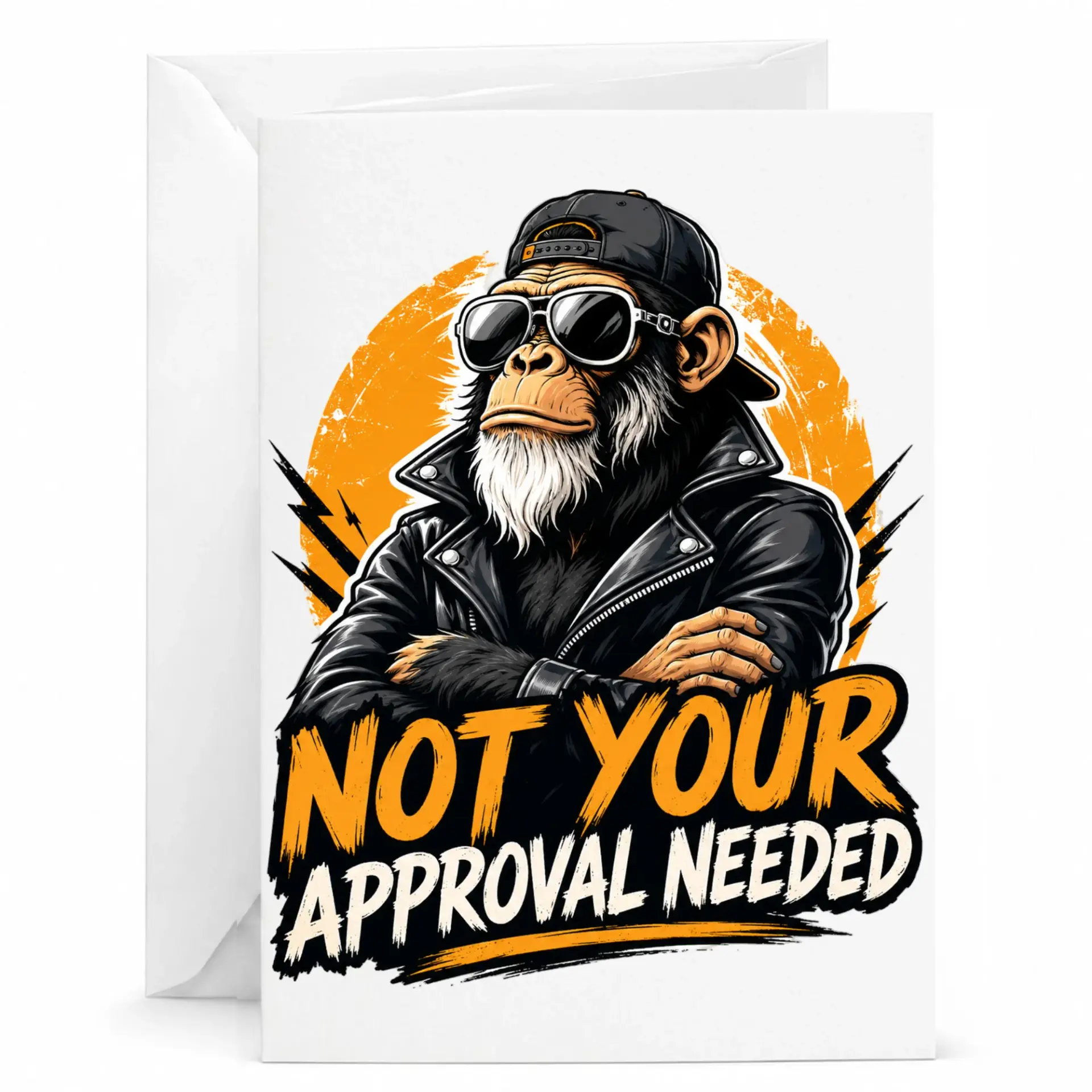 Funny Greeting Card Featuring Cool Monkey in Leather Jacket and Sunglasses Not Your Approval Needed Design