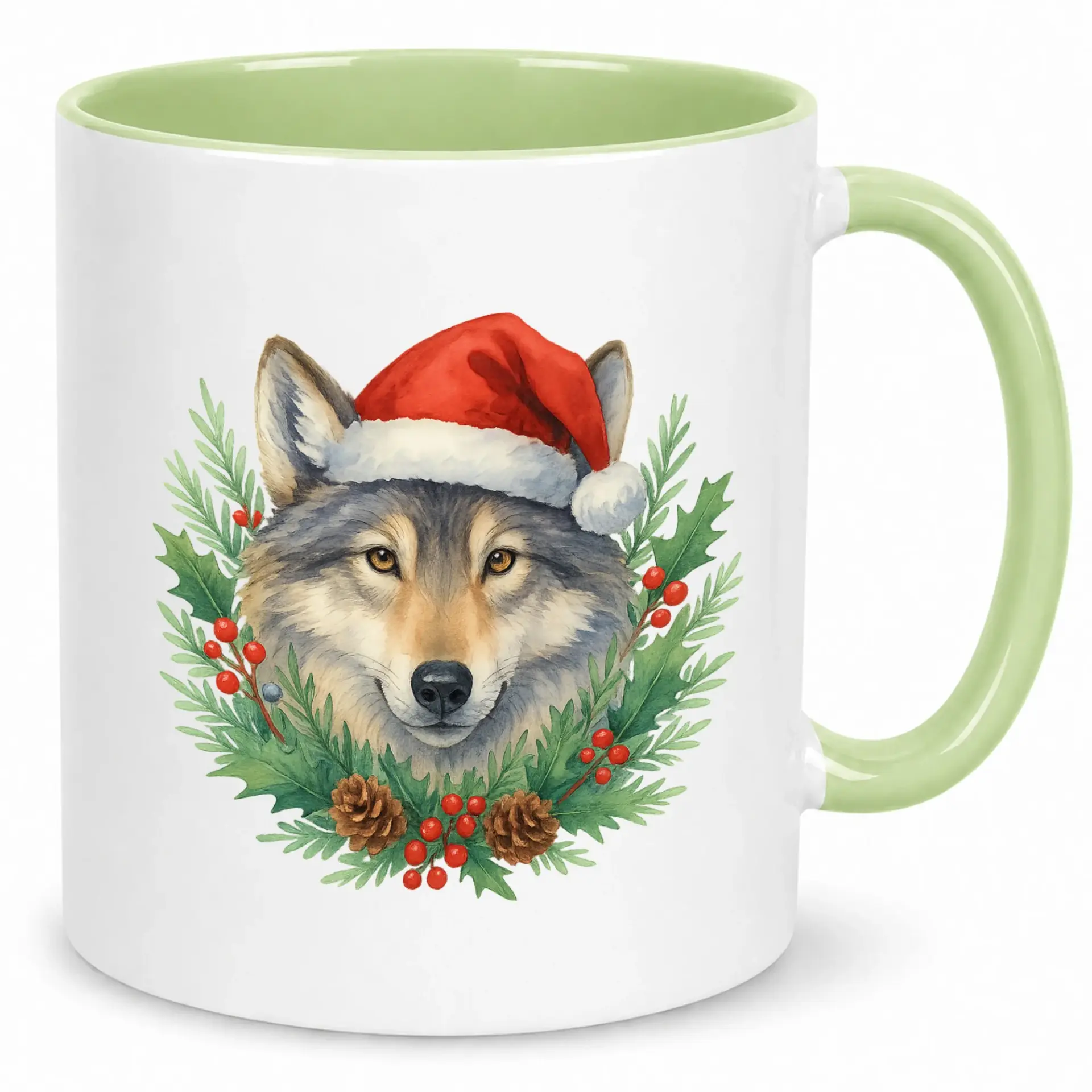 Christmas Wolf Ceramic Coffee Mug with Santa Hat and Festive Winter Wreath Design, 11oz or 15oz Holiday Drinkware Gift