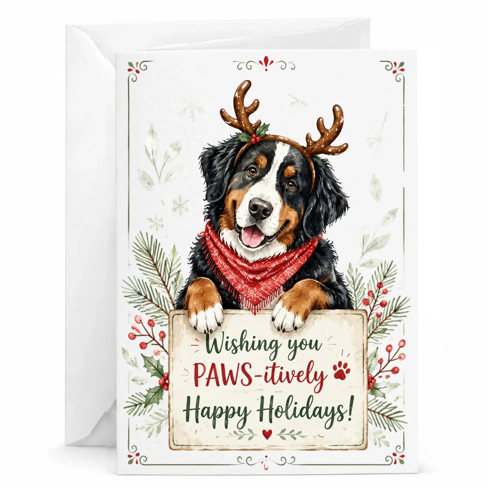 Funny Holiday Greeting Card Featuring a Cute Bernese Mountain Dog Wearing Reindeer Antlers for Seasonal Cheer
