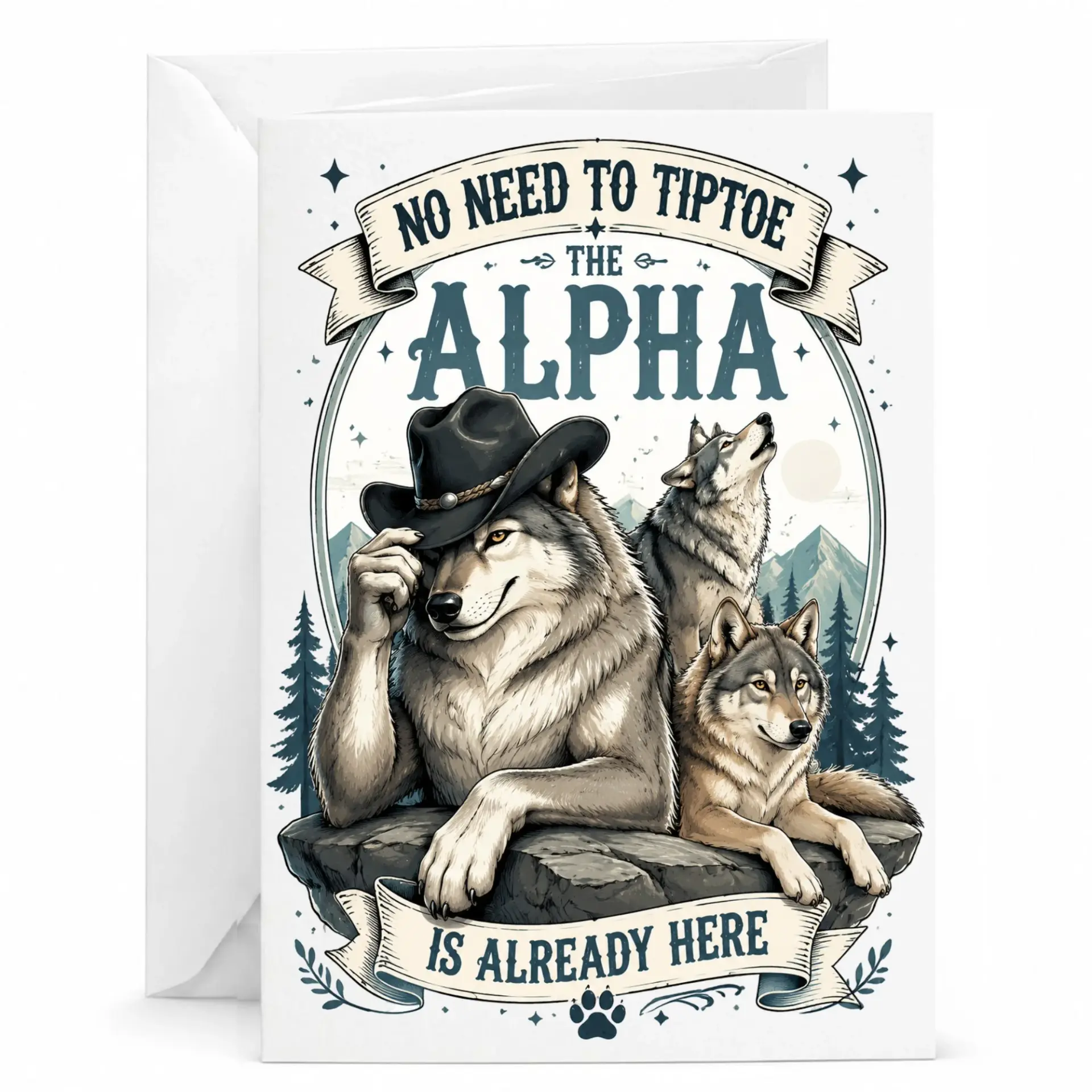 Funny Greeting Card No Need to Tiptoe the Is Already Here Featuring a Cowboy Wolf Design in a Rustic Forest
