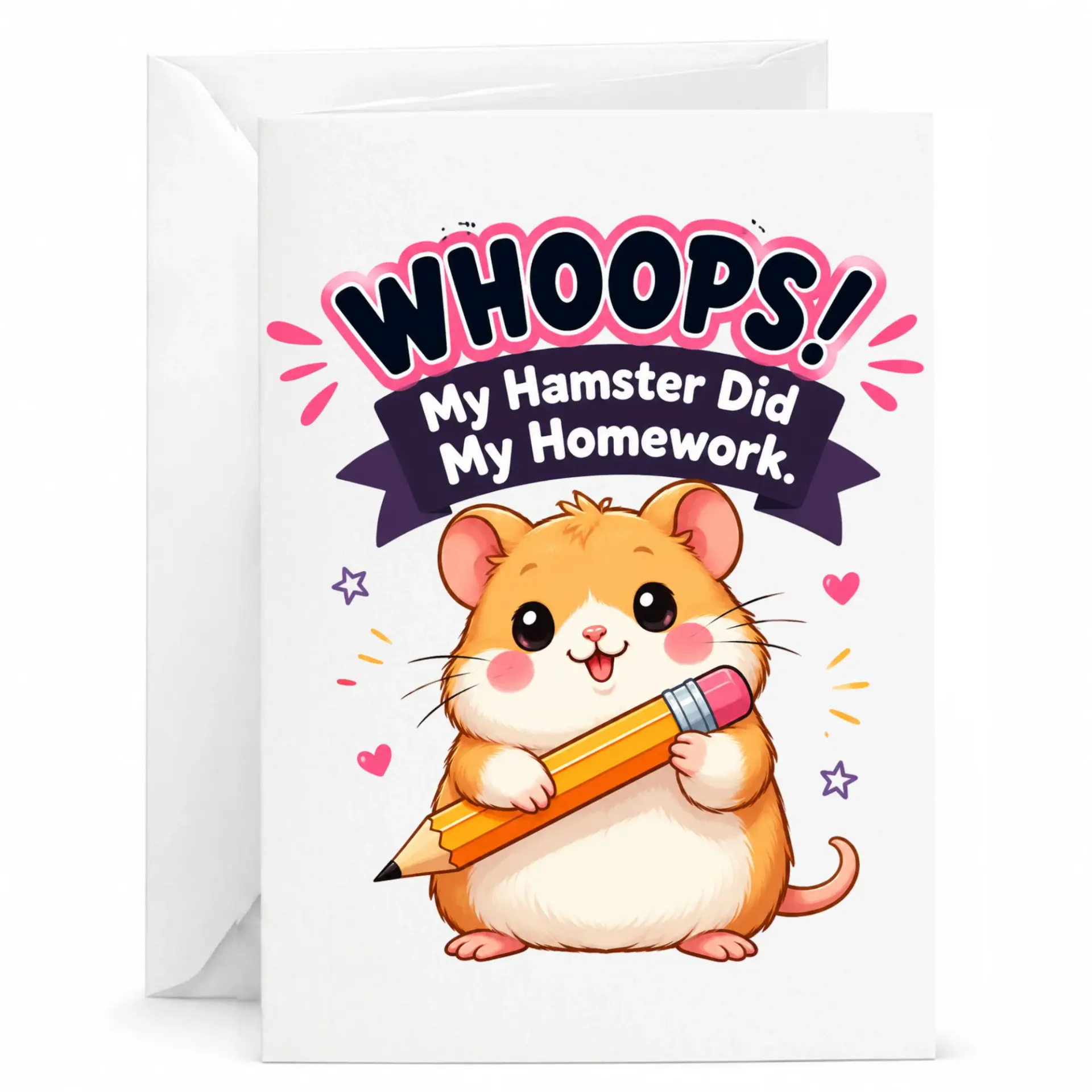 Funny Greeting Card Featuring a Cute Cartoon Hamster Holding a Pencil with a Playful Excuse Humor Design