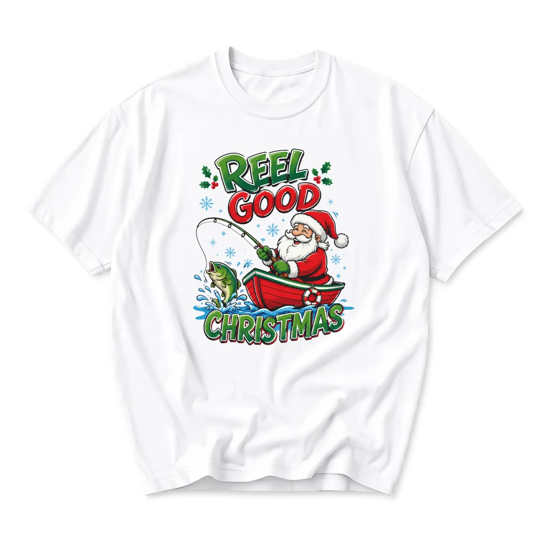 Funny Shirt Reel Good Christmas Graphic Tee Unisex Crew Neck Casual Holiday Apparel for Fishing Enthusiasts White
