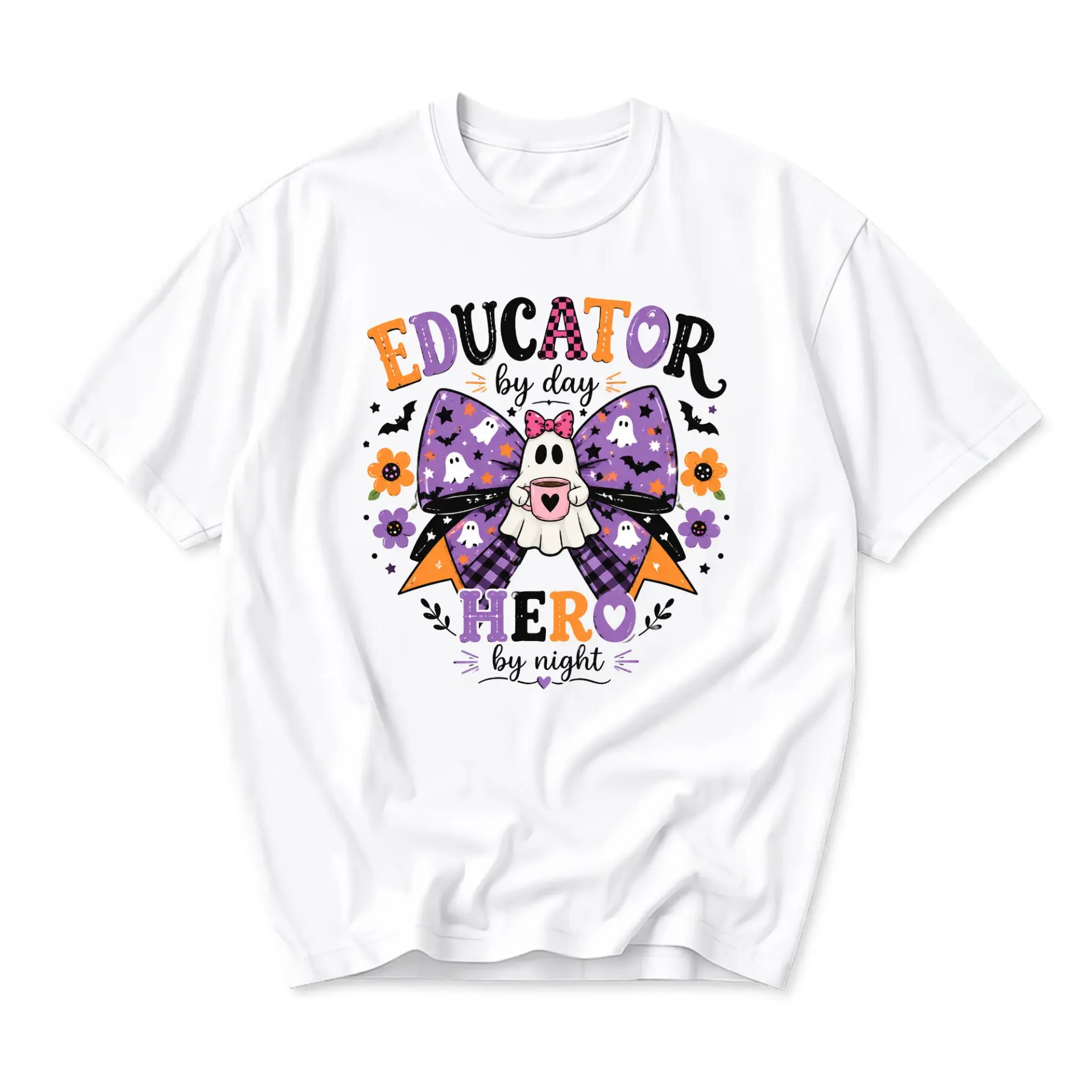 Graphic Tee Educator by Day Hero by Night Halloween Ghost Bow Print Unisex Casual Crew Neck Comfortable Cotton Shirt
