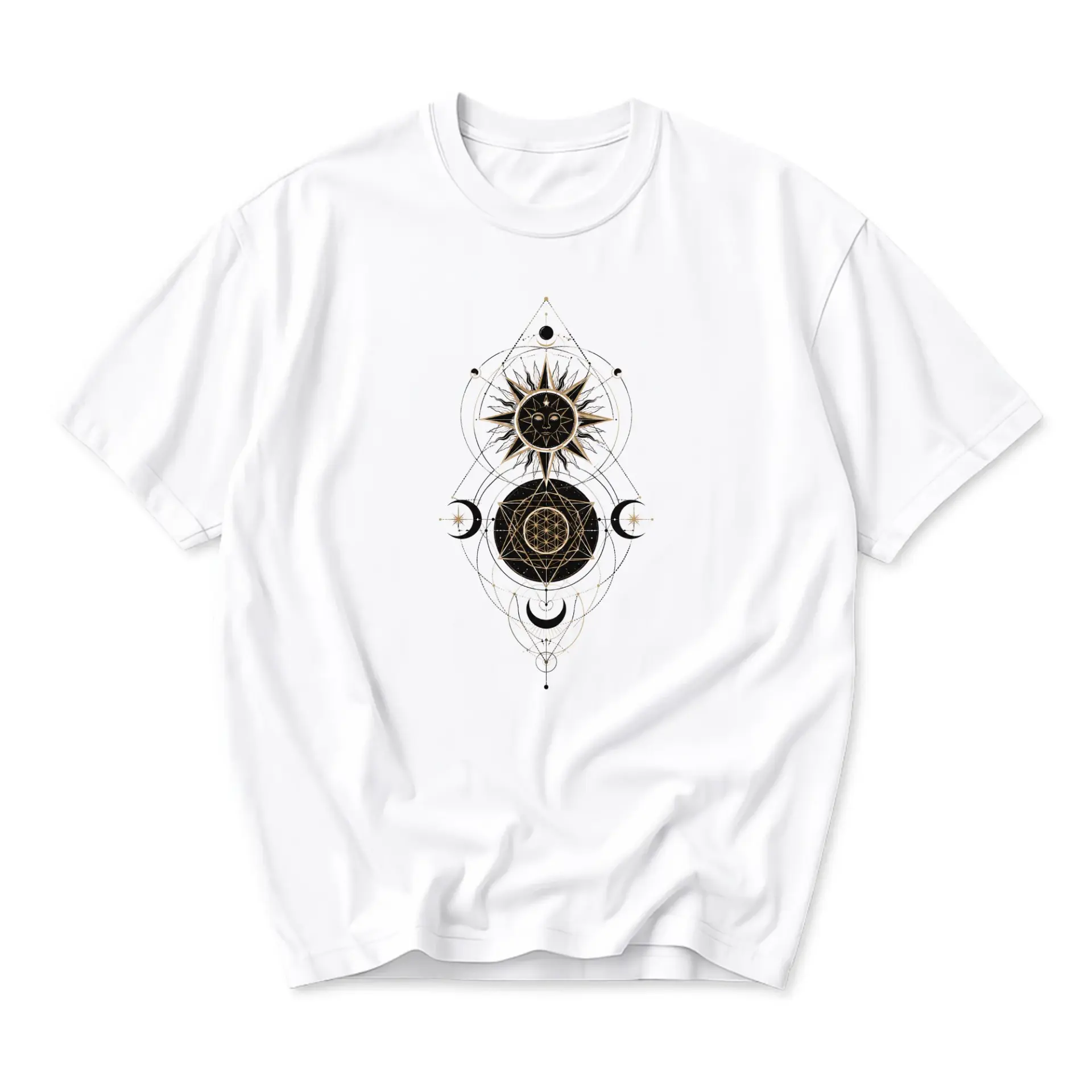 Graphic Tee Celestial Sun and Moon Sacred Geometry Print Unisex Crew Neck Casual Everyday Cotton Blend Short Sleeve Shirt