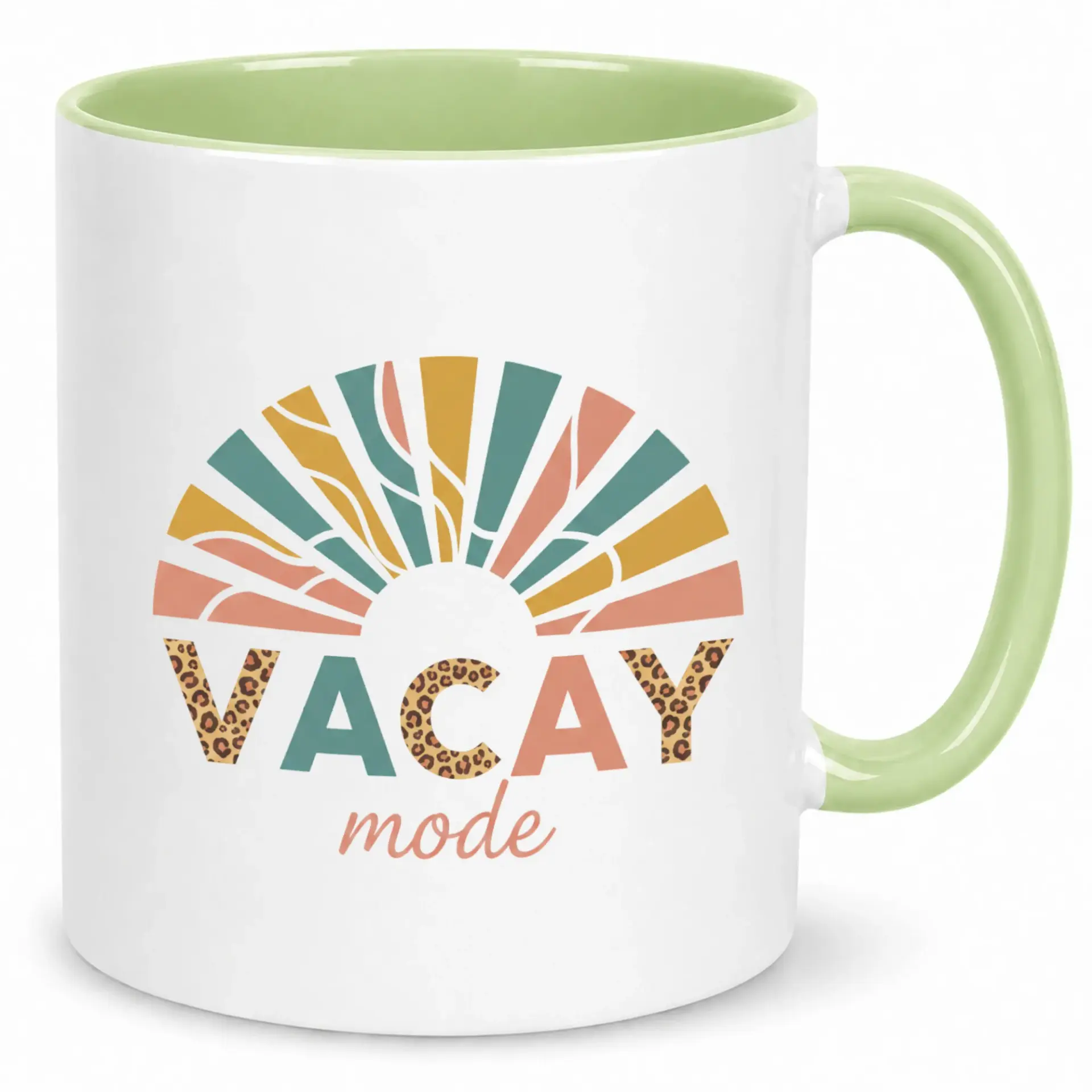 Coffee Mug Ceramic Mug with 'vacay Mode' Leopard Print Sunburst Design, Pastel Boho Drinkware for Home or Office Kitchen, Vacation Themed Gift