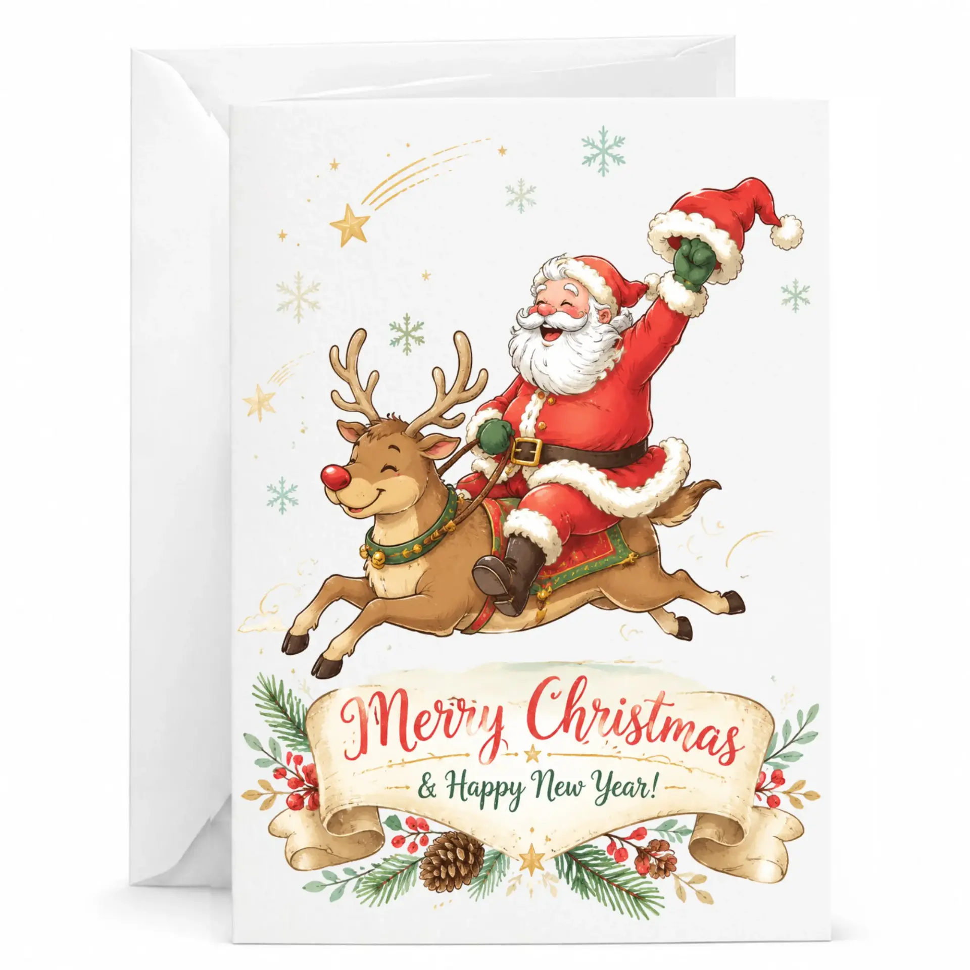 Greeting Card Merry Christmas and Happy New Year Festive Santa Claus Riding Reindeer Illustrated Holiday Stationery