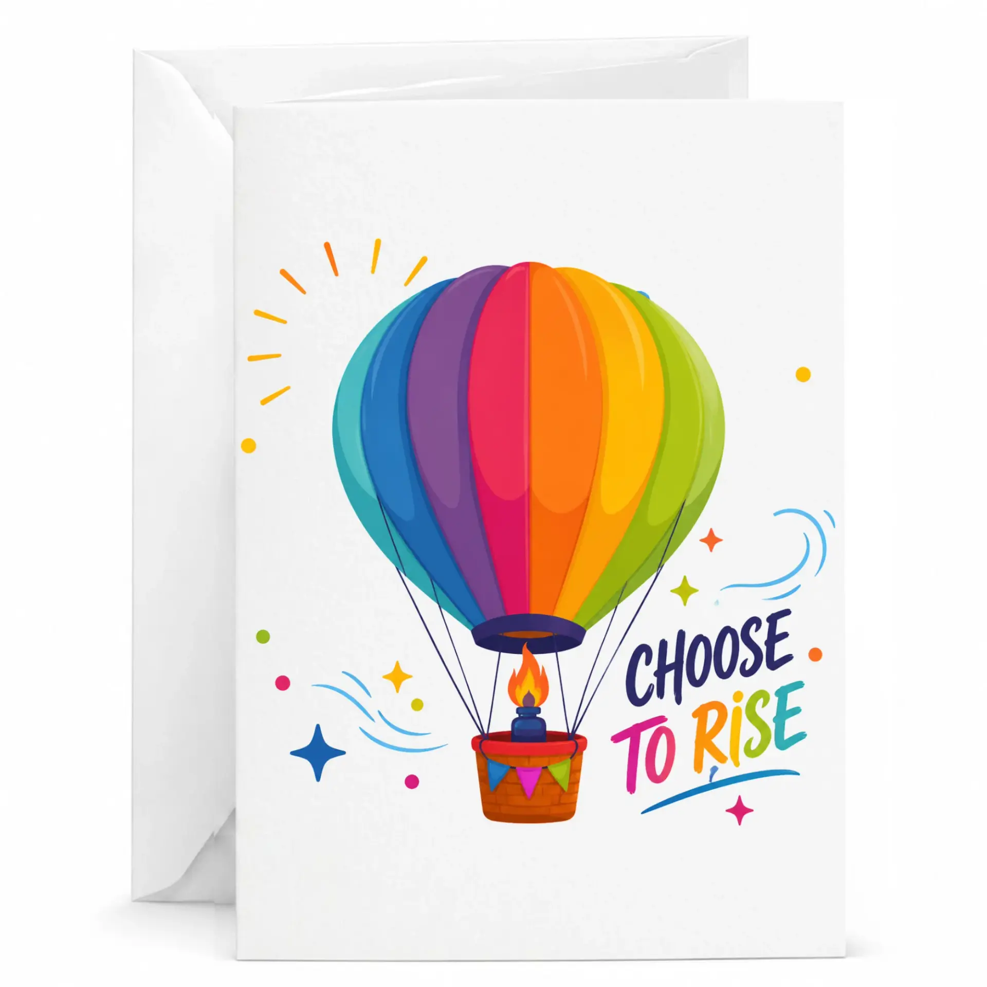 Choose to Rise Motivational Greeting Card with Rainbow Hot Air Balloon Illustration and Included White Envelope