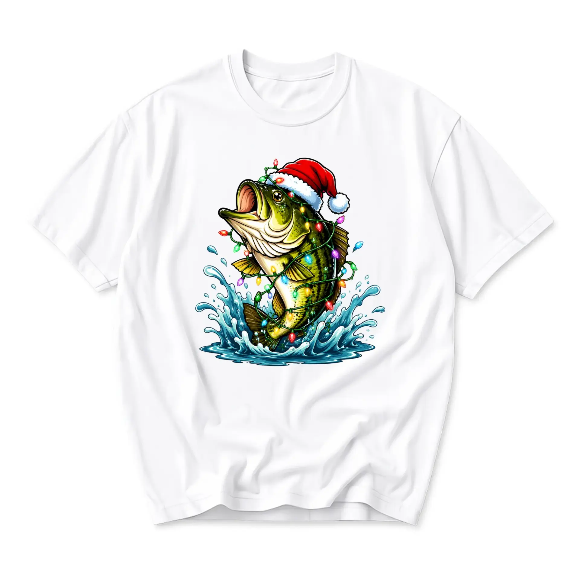 Funny Shirt Fishing with Christmas Lights Graphic Tee Unisex Casual Apparel