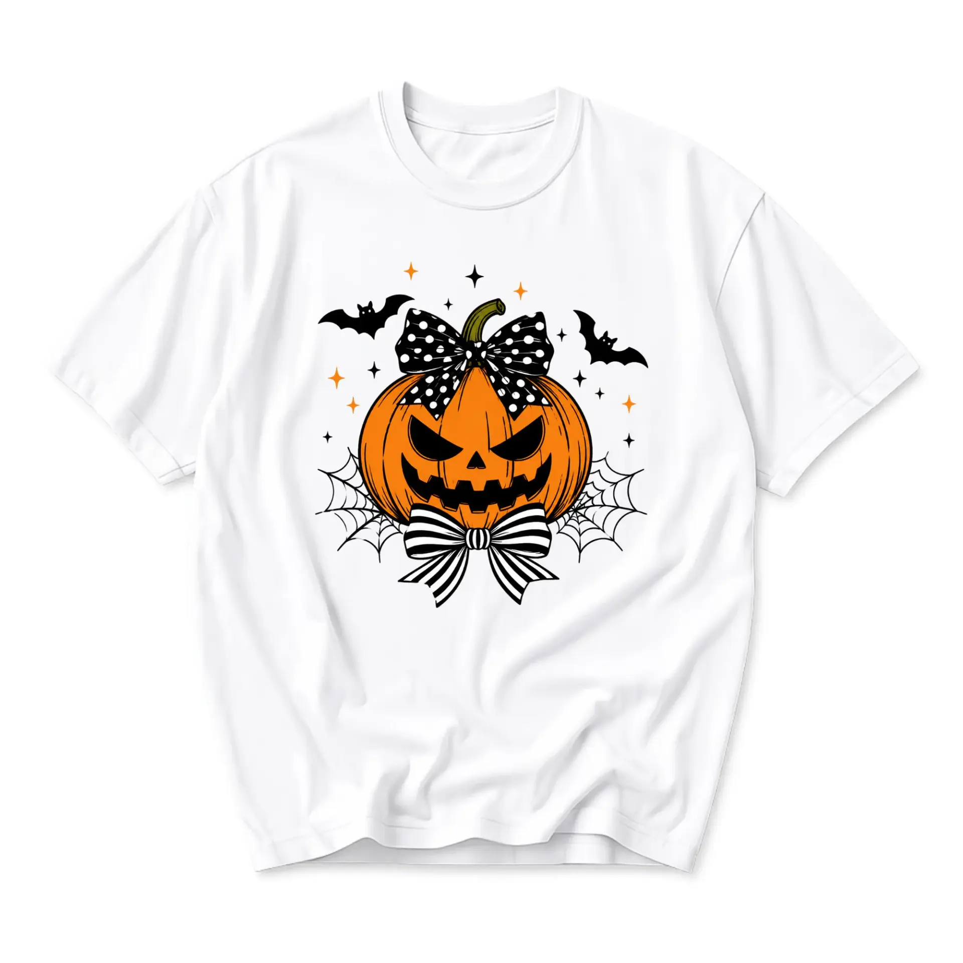 Graphic Tee Unisex Halloween Pumpkin Shirt Bowknot Design White Crew Neck Apparel for Casual Everyday Seasonal Wear