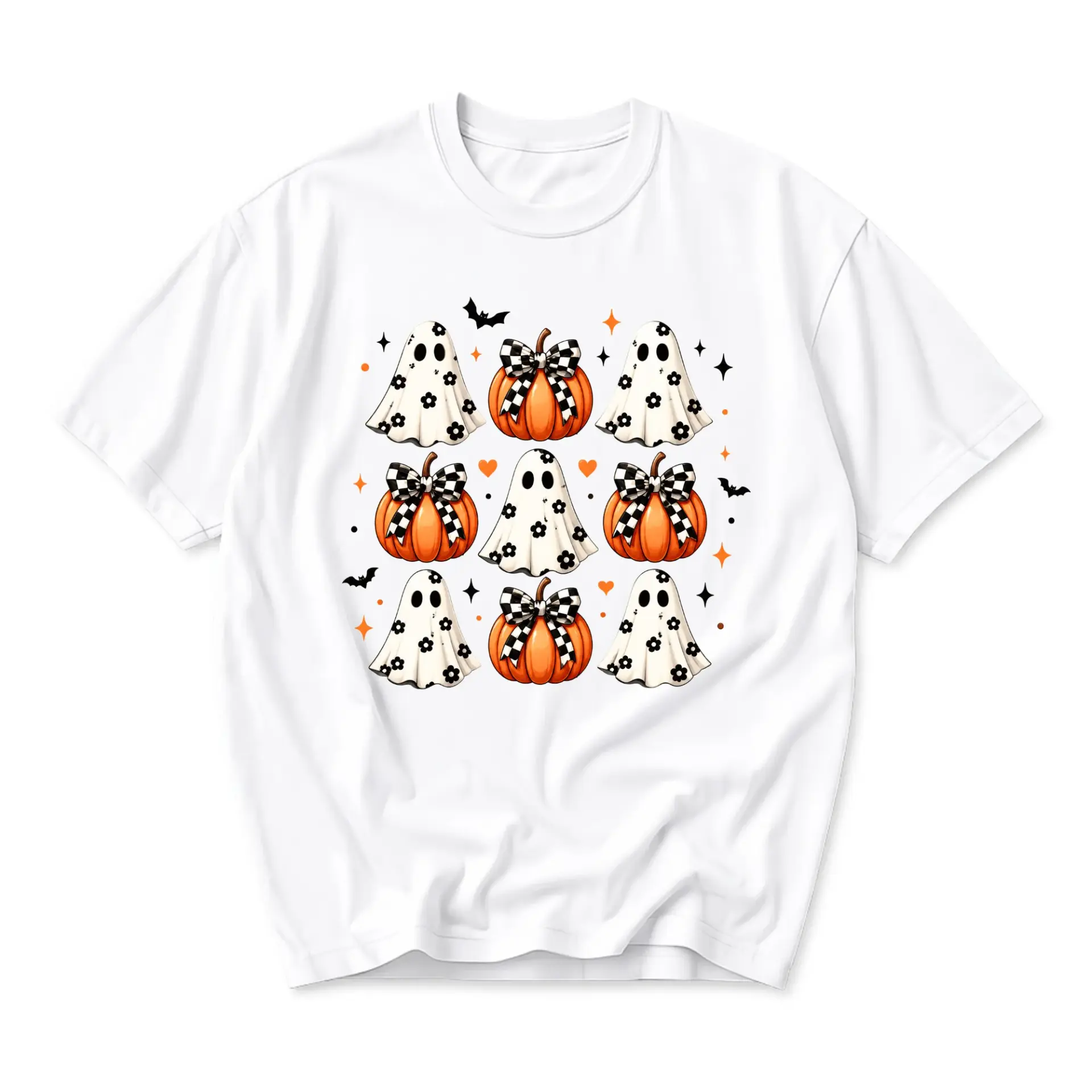 Graphic Tee Unisex Crew Neck Shirt Featuring Cute Floral Ghost and Checkered Bow Pumpkin Pattern Autumn Seasonal Top
