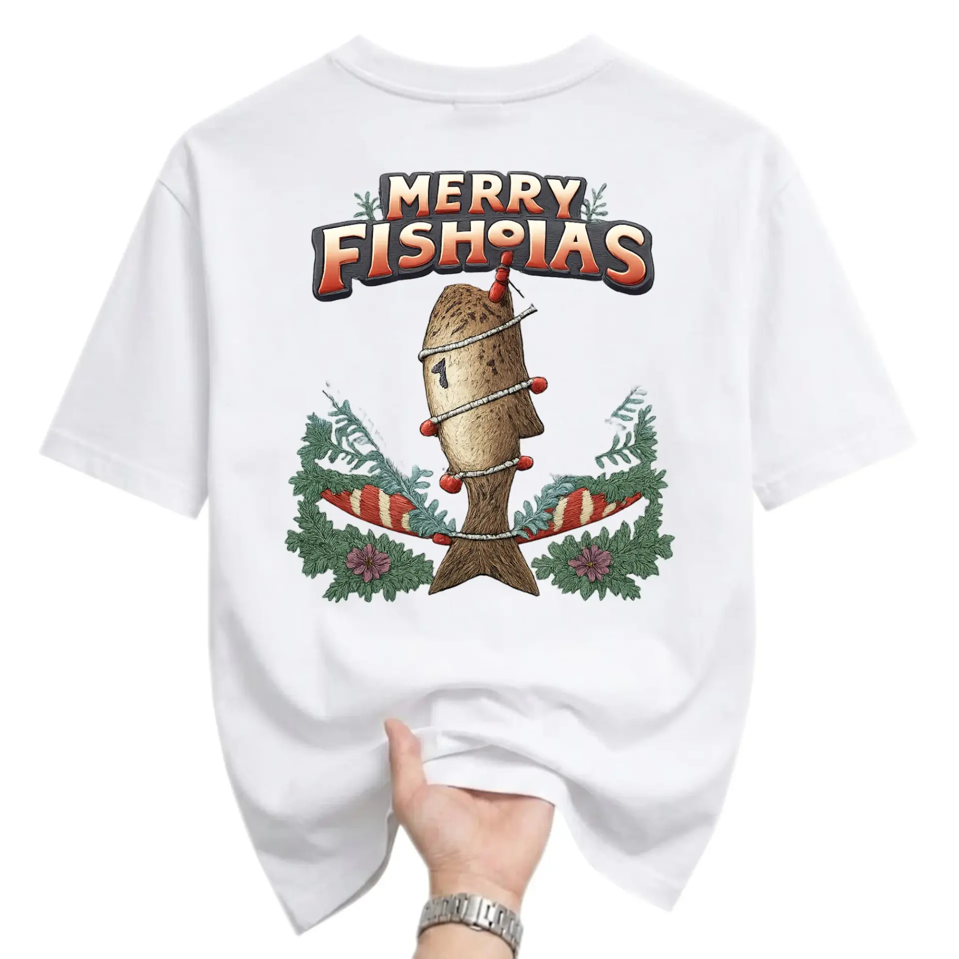 Funny Shirt Merry Fishmas Holiday Fishing Graphic Tee Unisex Cotton Crew Neck Casual Short Sleeve Apparel White Top