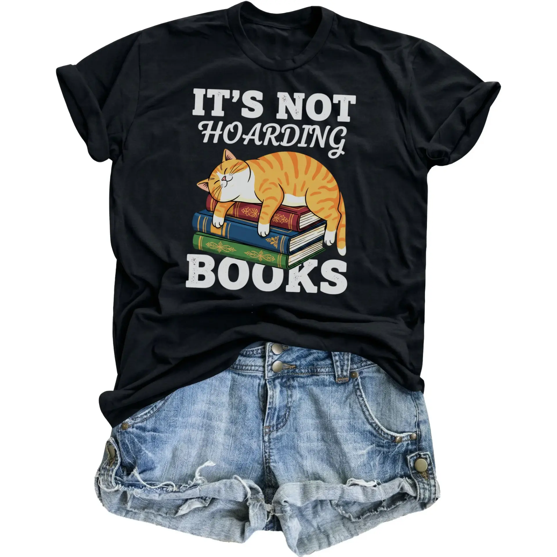 Funny Shirt for Book Lovers Featuring a Cute Orange Tabby Cat Sleeping on a of Colorful Hardcover Books