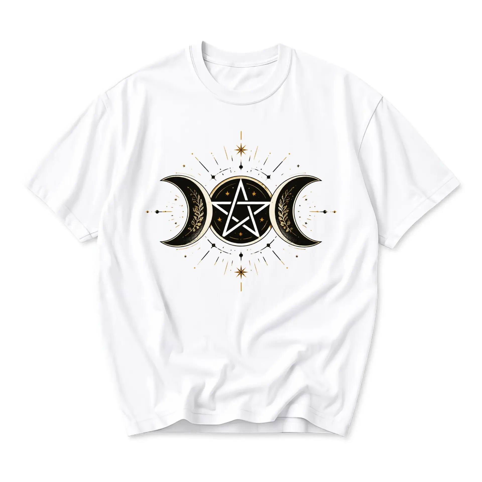 Graphic Tee Celestial Moon Pentagram Design Unisex Crew Neck Short Sleeve Shirt for Casual Everyday Fashion Wear White